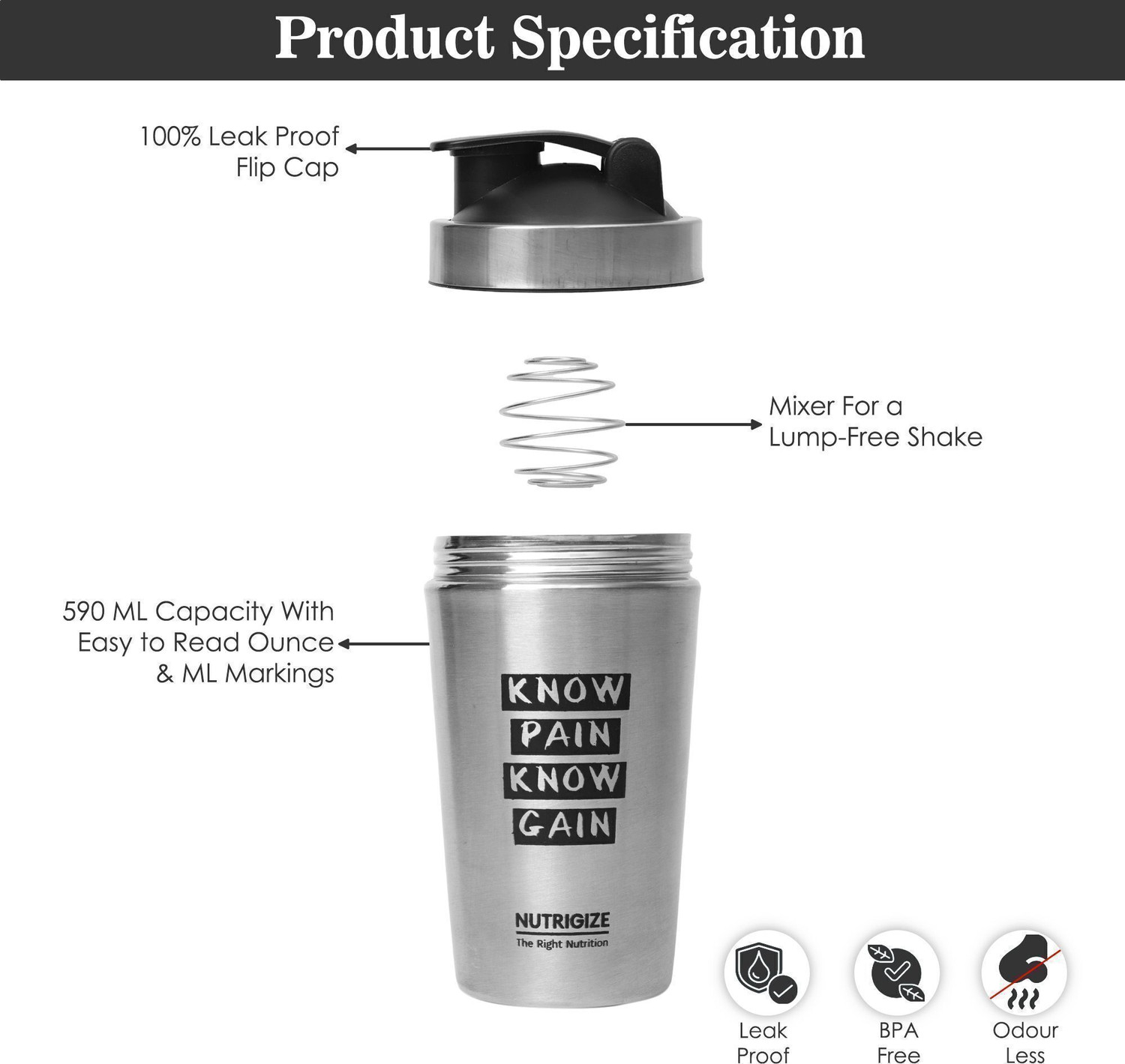 Image of Nutrigize Stainless Steel Shaker Bottle for Gym | Leak Proof | Shaker Bottle Steel 590 ml Steel Shaker