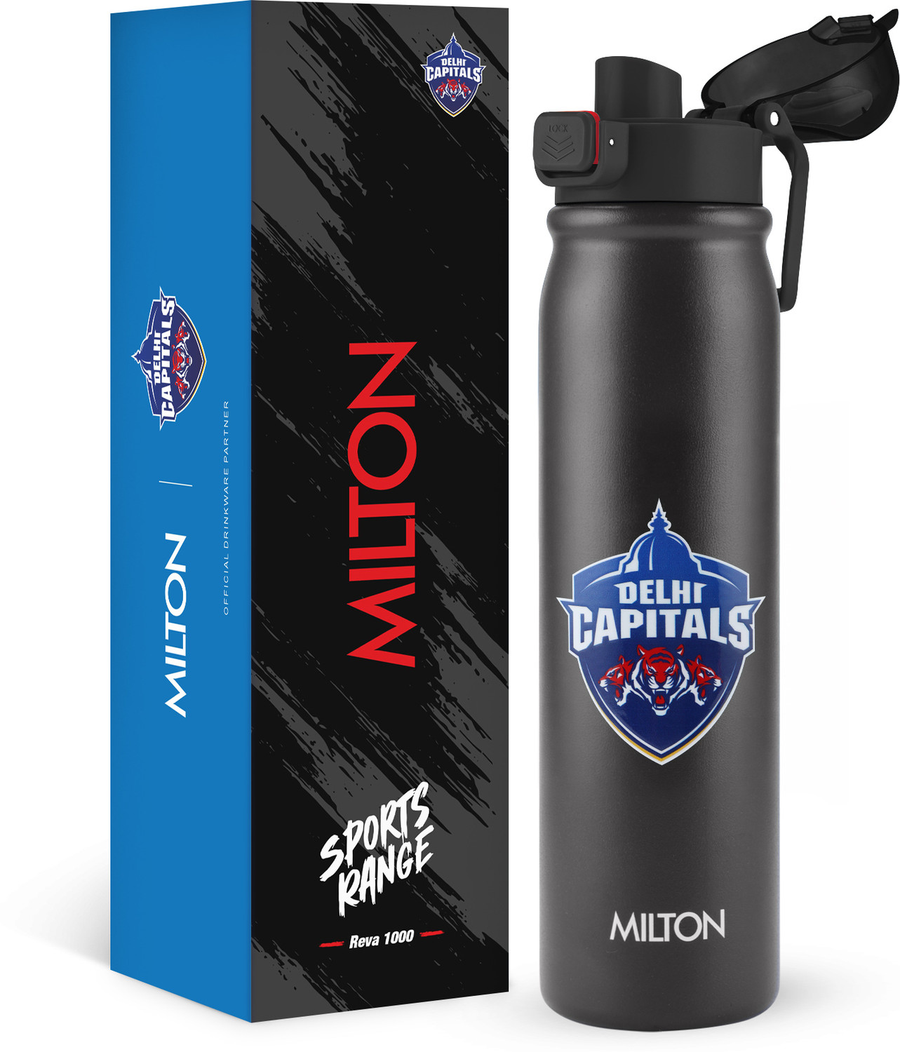 Image of MILTON Sports Reva 1000 Cricket SS Sipper Bottle Twin Lid Sip or Gulp, DC Black 1000 ml Stainless Steel Bottle