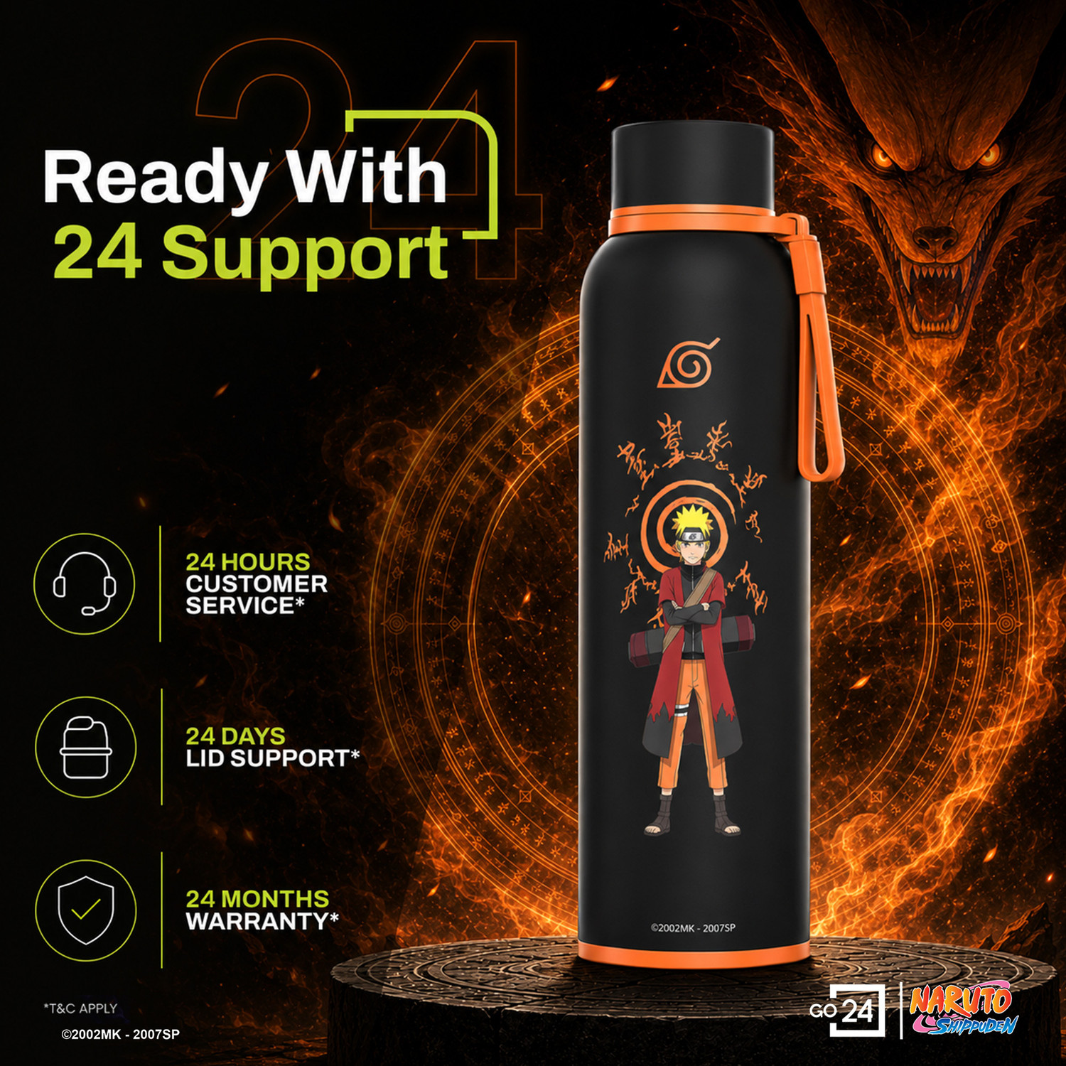 Image of Go24 Naruto 1000 Stainless Steel Hot and Cold Water bottle ISI Certified Thermosteel 980 ml Stainless Steel Flask