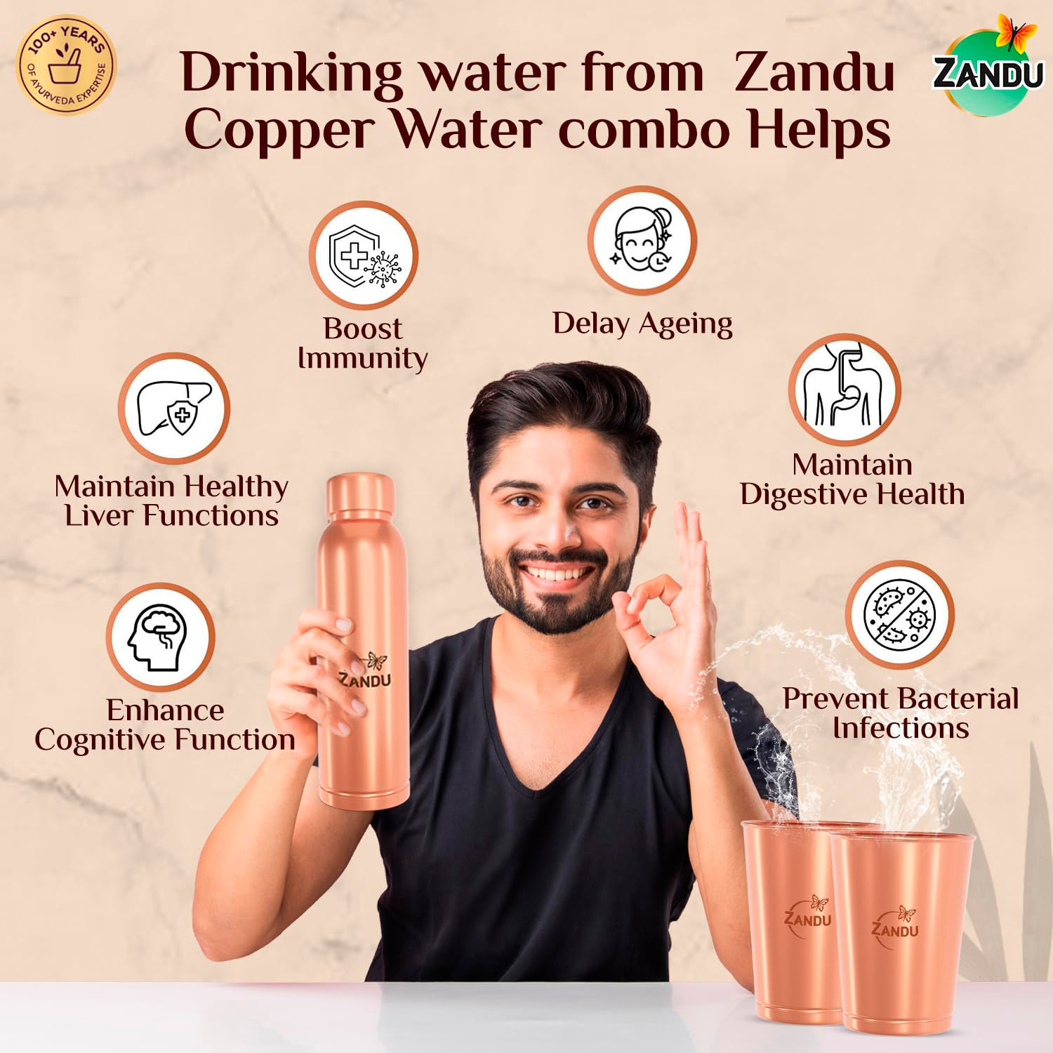 Image of ZANDU Gift Set Pack (1 Bottle & 2 Tumbler) 1550 ml Copper Bottle With Drinking Glass