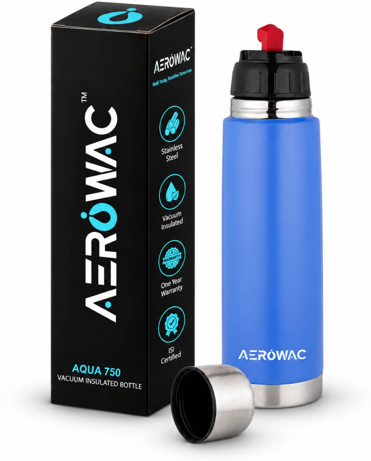 AEROWAC Aqua Double Wall Vacuum Insulated Hot & Cold Water Bottle/BPA-Free & Leakproof 750 ml Stainless Steel Flask