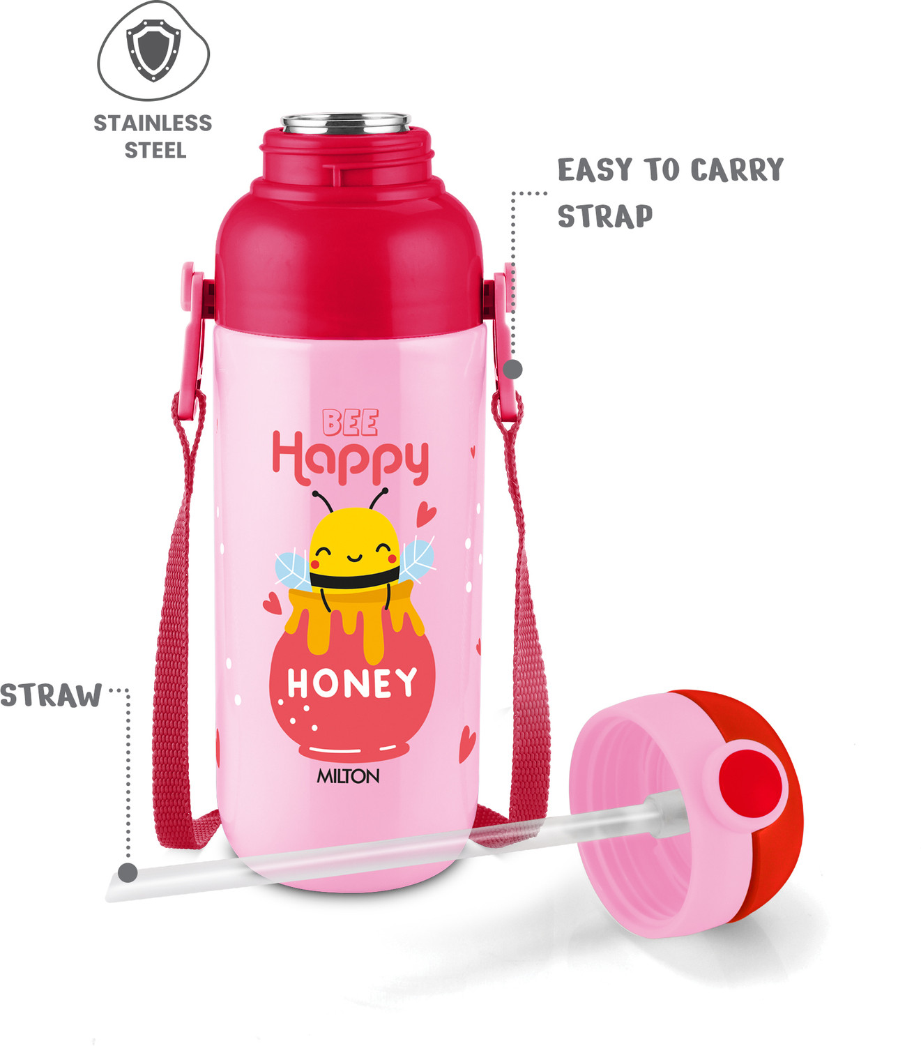Image of MILTON Steel Indus 600 Thermoware PU Insulated, 500 ml Water Bottle with Straw, Pink 500 ml Stainless Steel Bottle