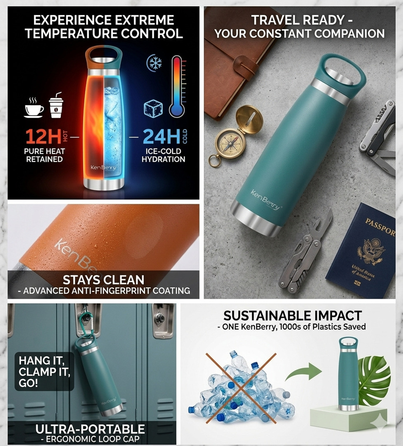 Image of KenBerry Bolt Thermo Stainless Steel Leak-Proof & BPA-Free | Hot & Cold Cyan Bottle 750 ml Stainless Steel Bottle