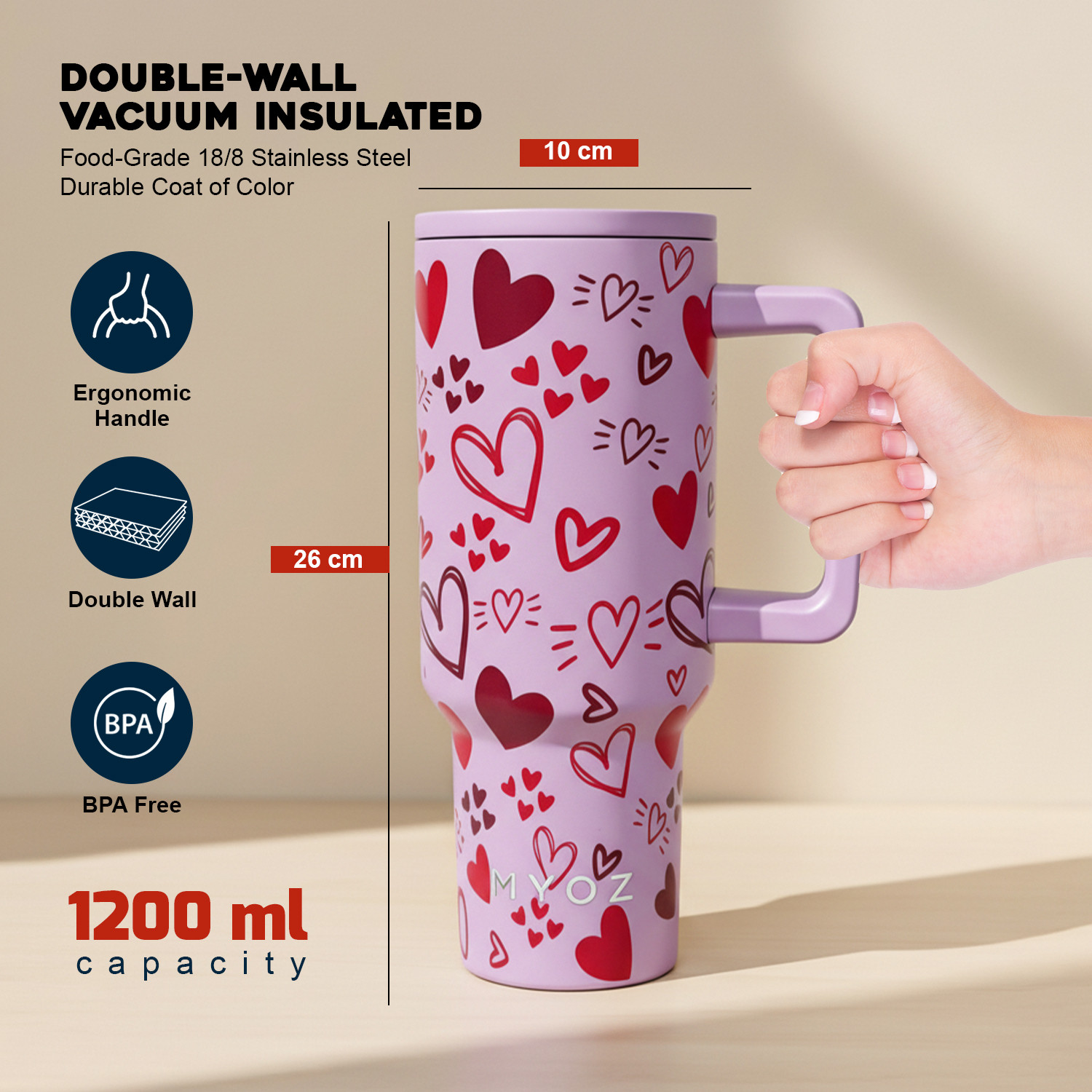 Image of MYOZ Stainless Steel Vacuum Double Insulated Tumbler with Lid, Handle & Straw (MAUVE) Stainless Steel Tumbler
