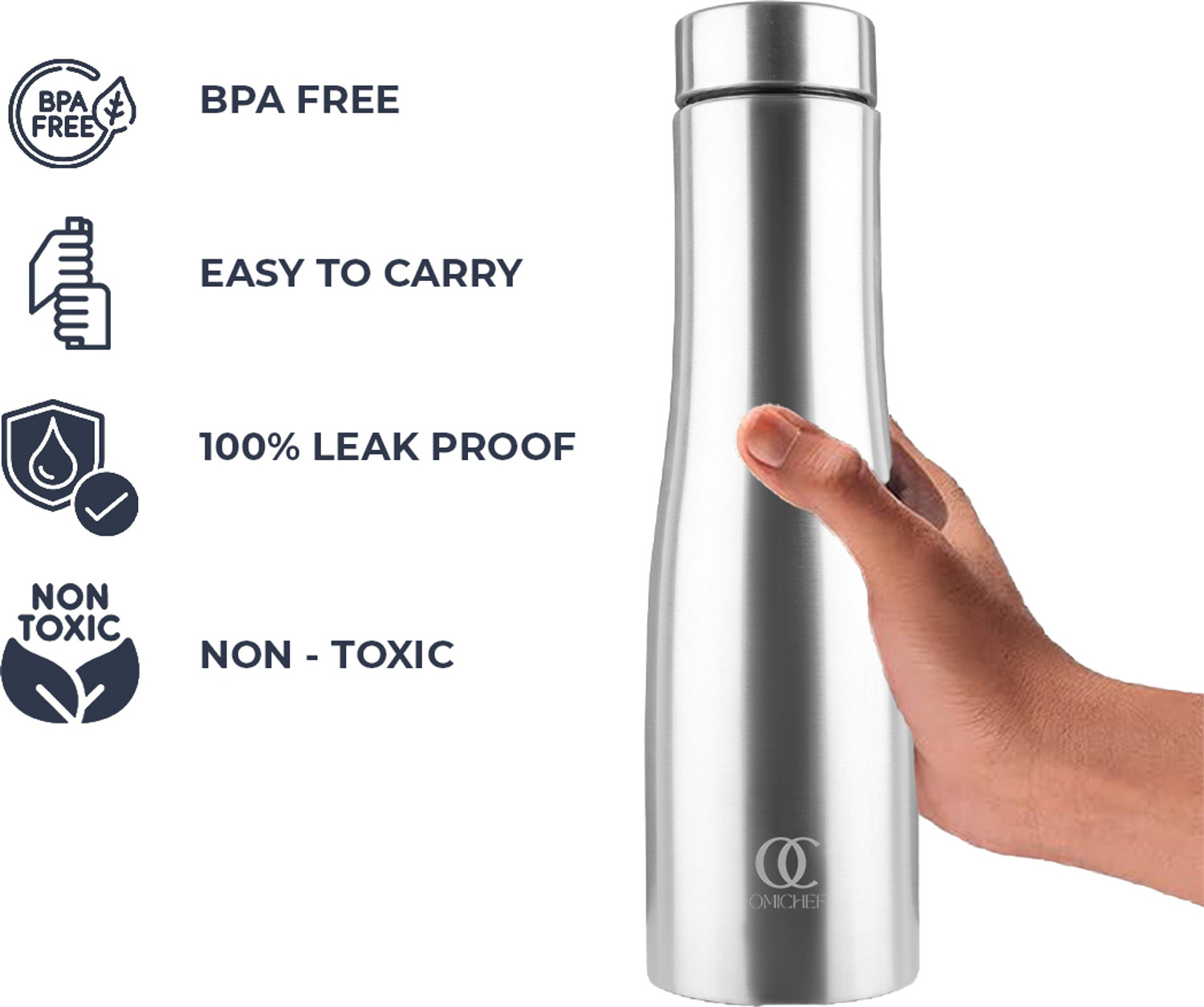 Image of Omichef Hi-Rise Stainless Steel Fridge Water Bottle 1LTR,Best for School /Office /College 1000 ml Steel Bottle