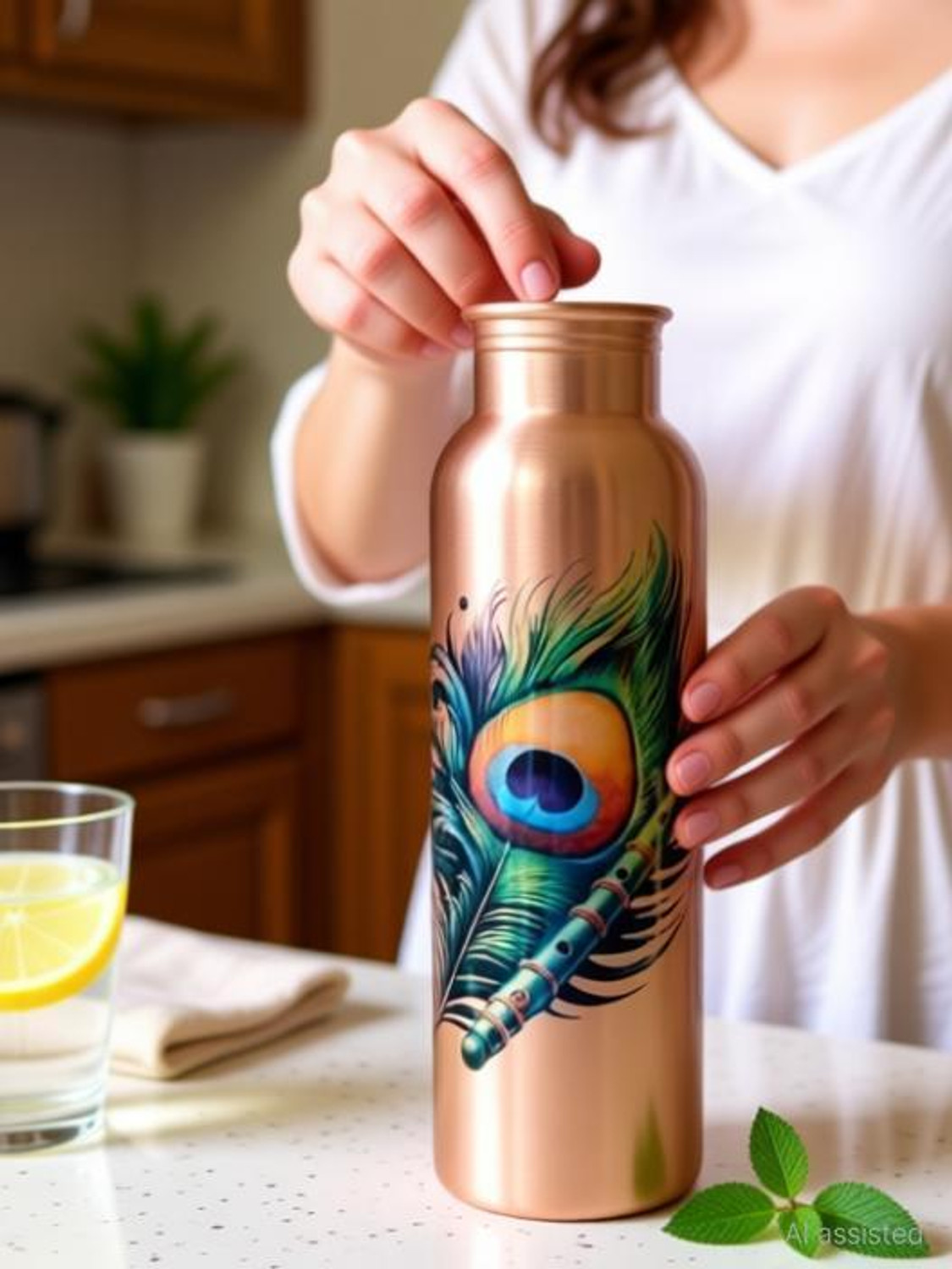 Image of copper+ Morpankh Printed Plain Copper Water Bottle 900 ml Copper Bottle