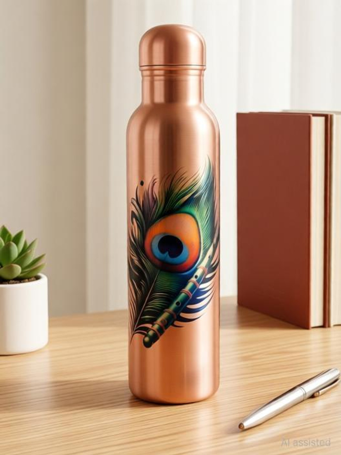 Image of copper+ Morpankh Printed Plain Copper Water Bottle 900 ml Copper Bottle
