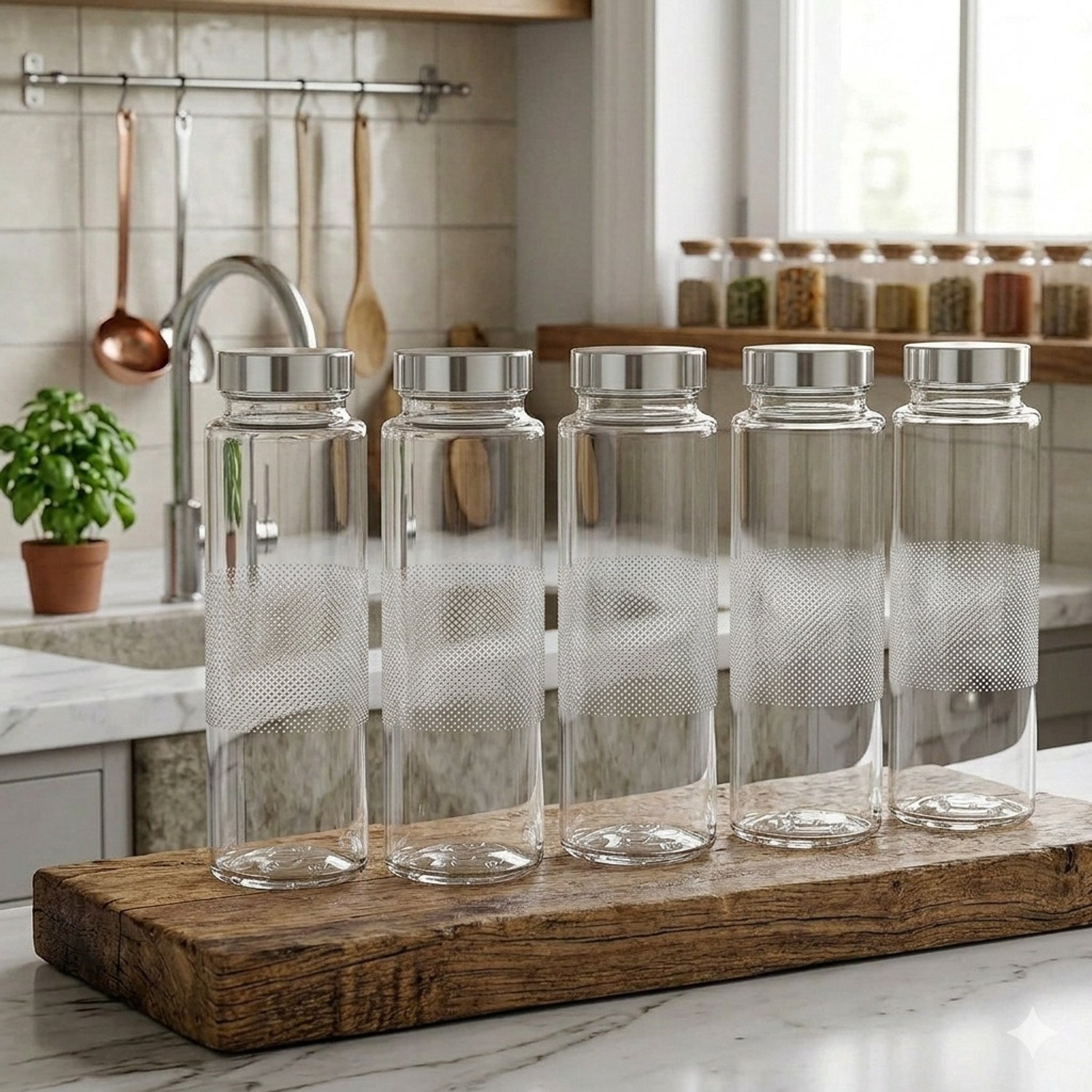 Image of CROCO JAR Set of 5 Glass Water Bottle with Leak-Proof STEEL CAP - 750 ml Each 750 ml Glass Bottle