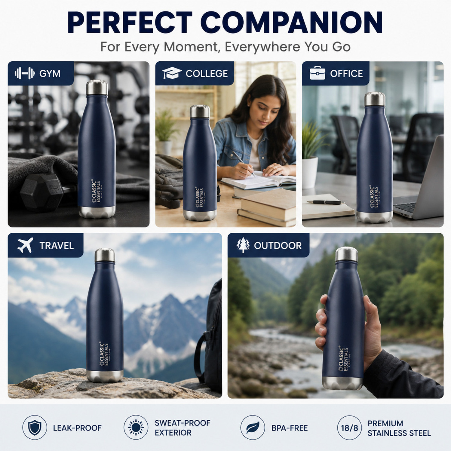 Image of Classic Essentials Insulated Double Wall Stainless Steel Water Bottle | 12 Hour Hot & 24 Hours Cold 500 ml Steel Flask