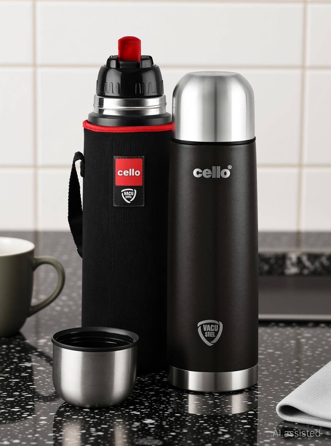 cello Duro Tuff Steel Flip with Jacket DTP Coating Double Walled Insulated 950 ml Steel Flask