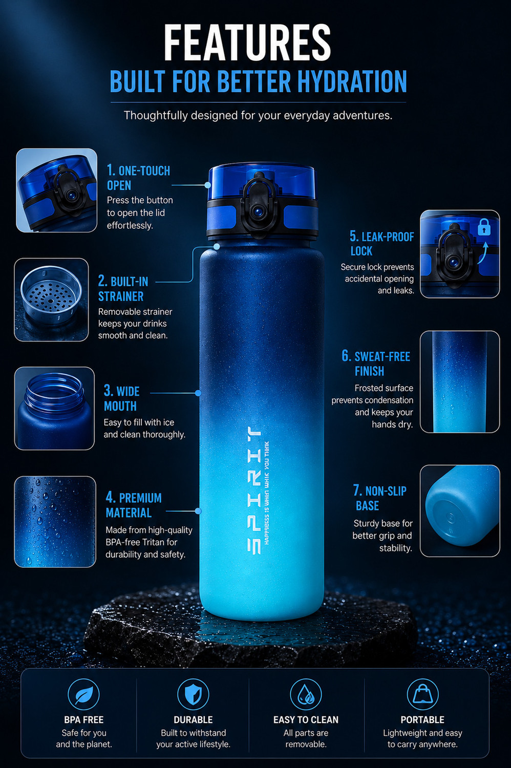 Image of ApnaCart Premium Gradient Matte finish Gym Water Bottle 1000 ml Plastic Sipper