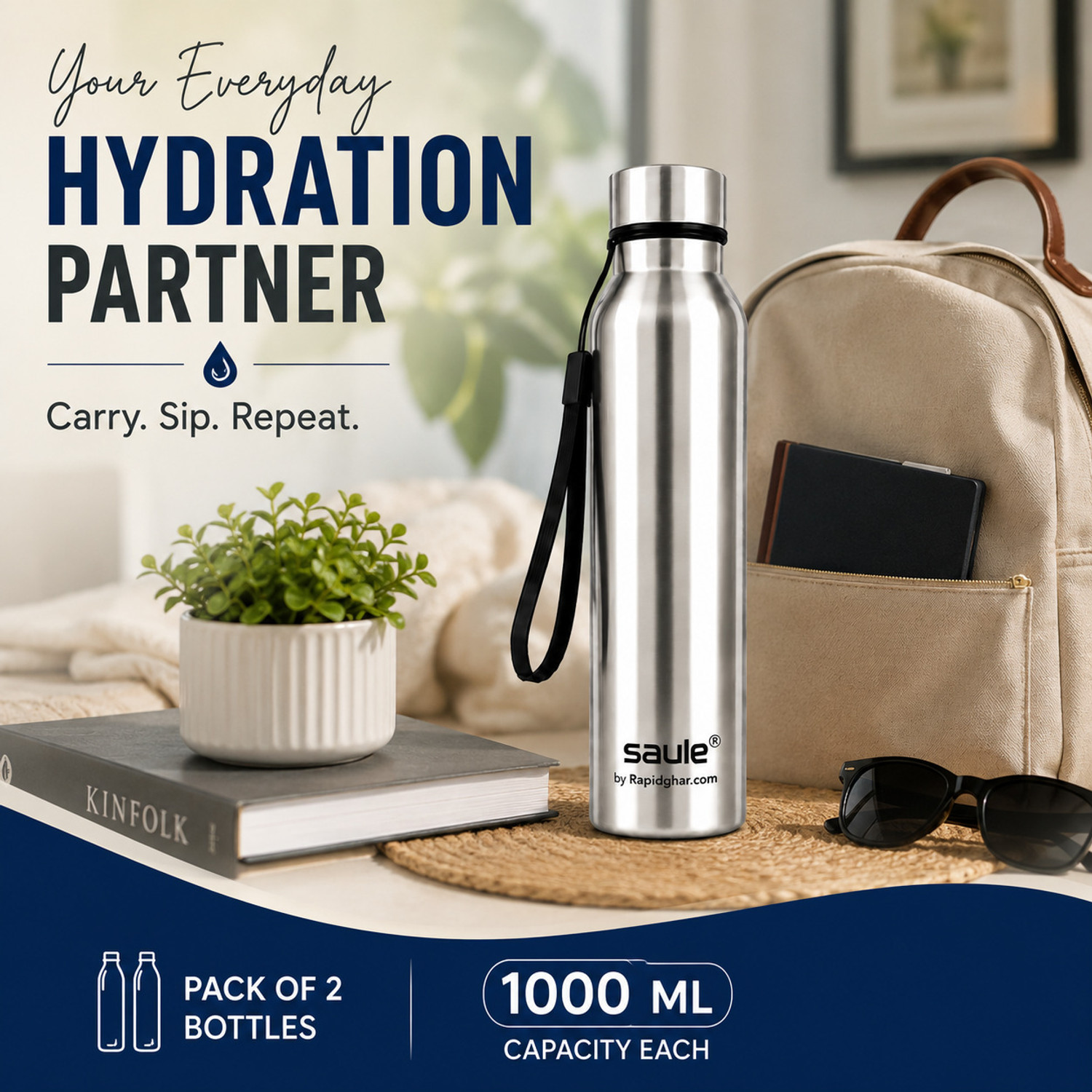 Image of Saule Steel Bottle Pack of 2 1000 ml Stainless Steel Bottle