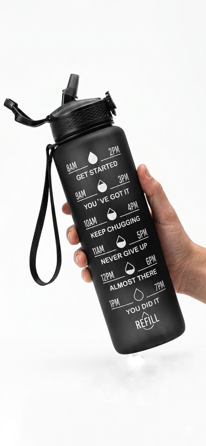 Image of Anu 1000ml Motivational Time Marking Black Water Bottle Sports Gym Bottle 1000 ml Plastic Sipper