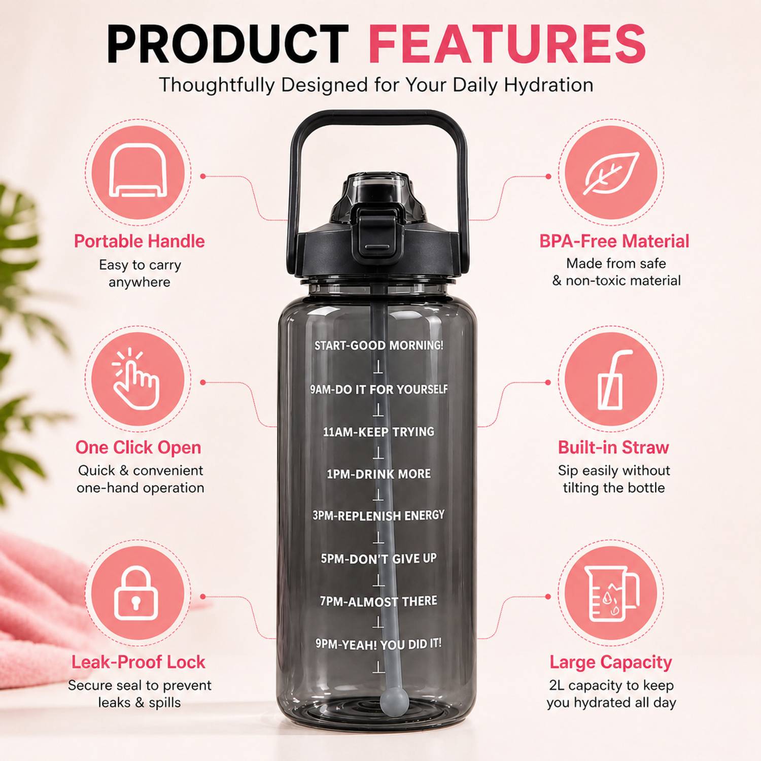 DFit 2L Transparent Motivational Leakproof Water Bottle - Image 3