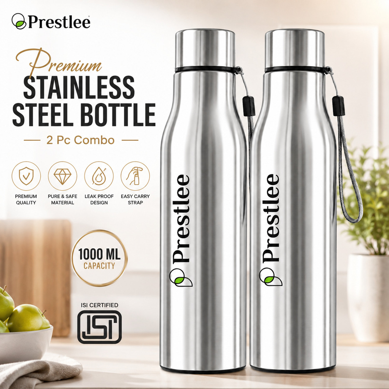 Image of Prestlee Tag Stainless Steel Water Bottle 1000 ML (2 SET) 2000 ml Steel Bottle