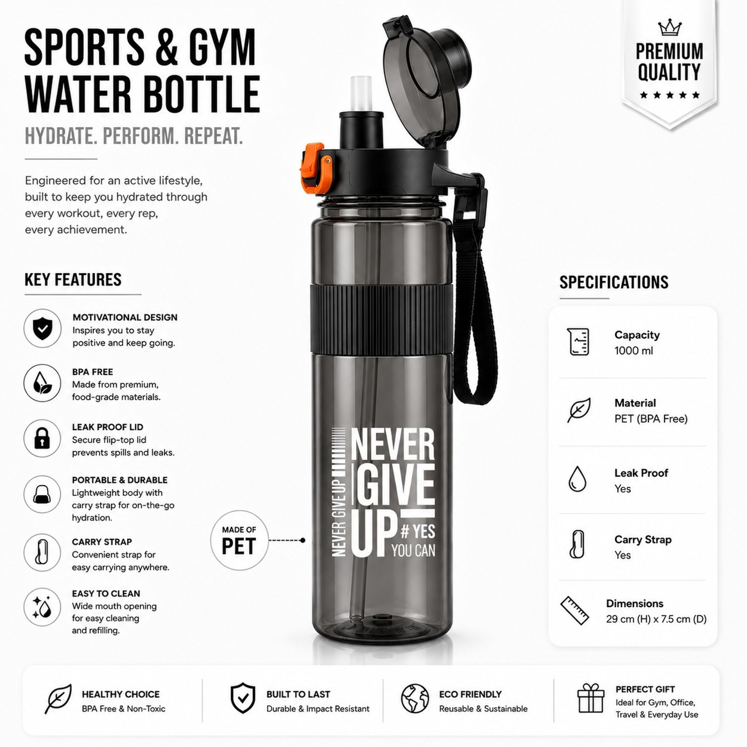 Image of DXDT 1L Motivational Water Bottle for Gym,Travel,Cycling,Sports,Yoga,Running,Office 1000 ml Plastic Bottle