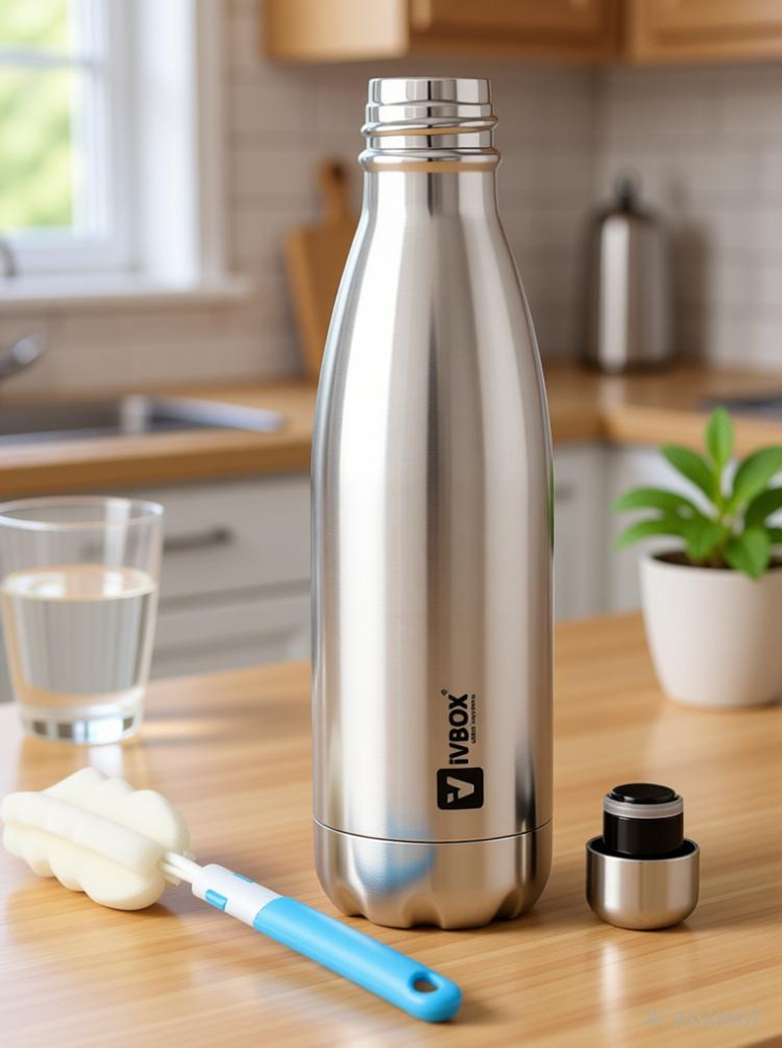 Image of iVBOX BOOSTER Hot & Cold Double-Wall Vacuum Thermos Water Bottle With Cleaning Brush 750 ml Steel Flask