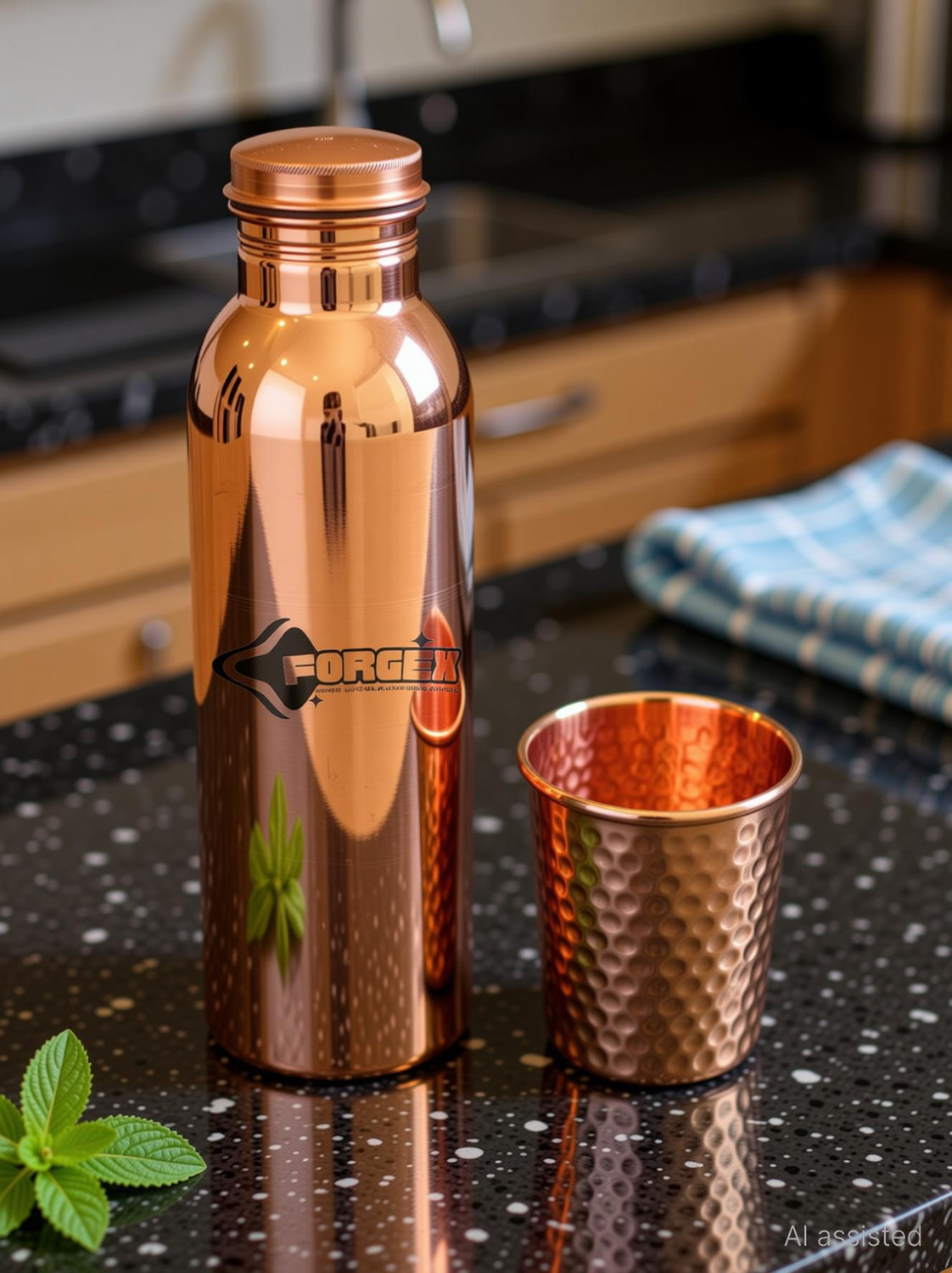 Image of Forgex Copper Glossy Matt FInish Tableware 1000 ml Copper Bottle With Drinking Glass