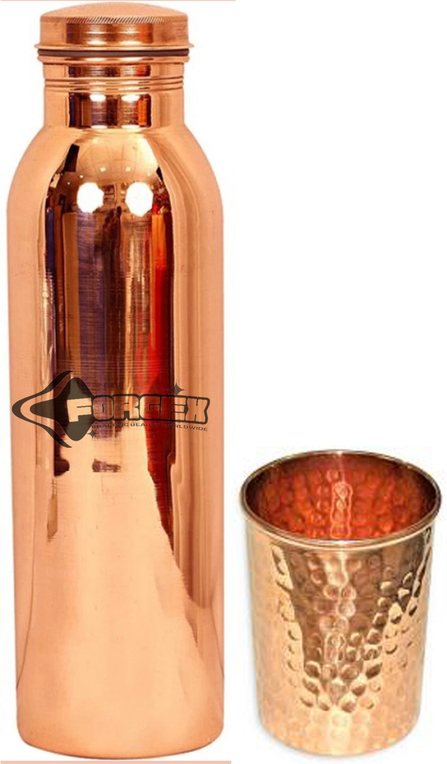 Image of Forgex Copper Glossy Matt FInish Tableware 1000 ml Copper Bottle With Drinking Glass