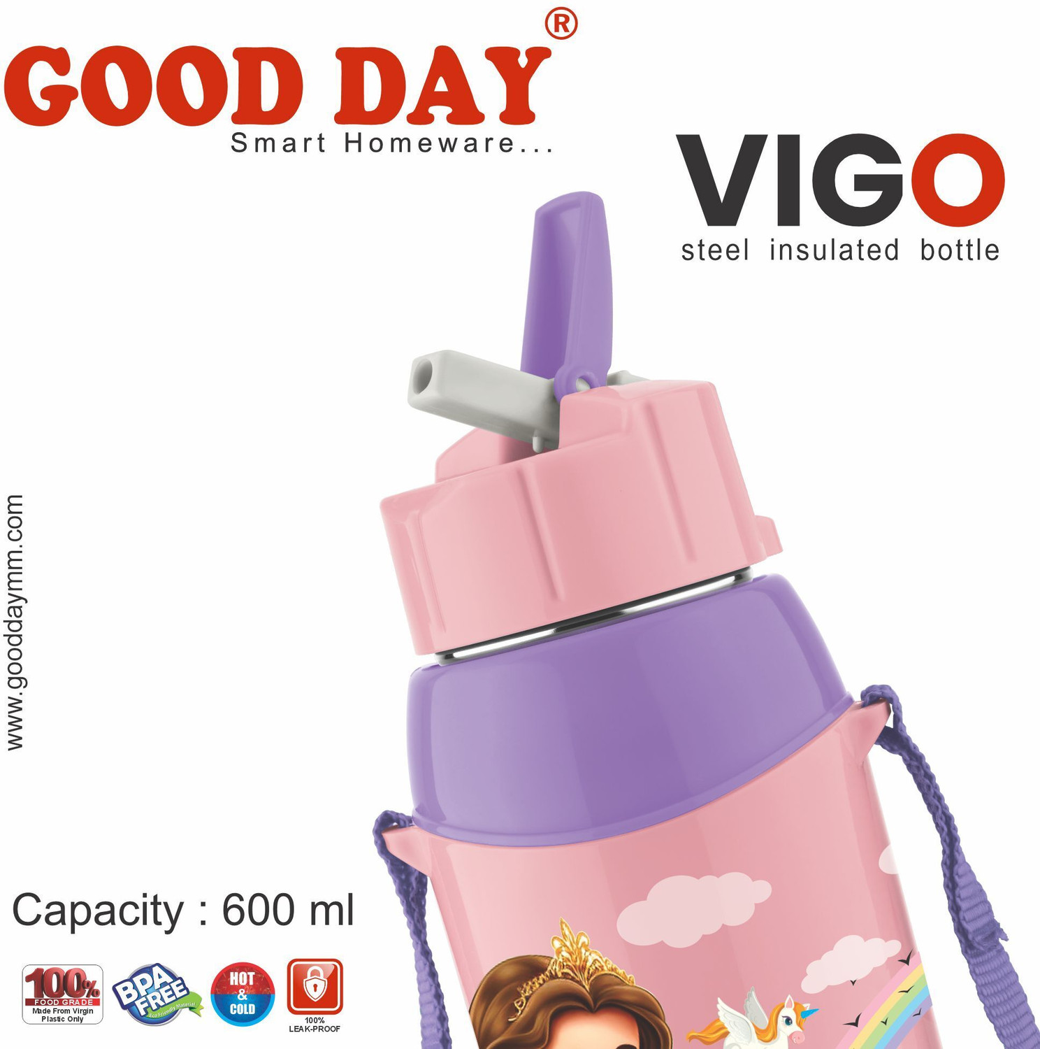 Image of Good Day Vigo 600 Stainless Steel Insulated Water Bottle For Kids | 520 ml Plastic Bottle