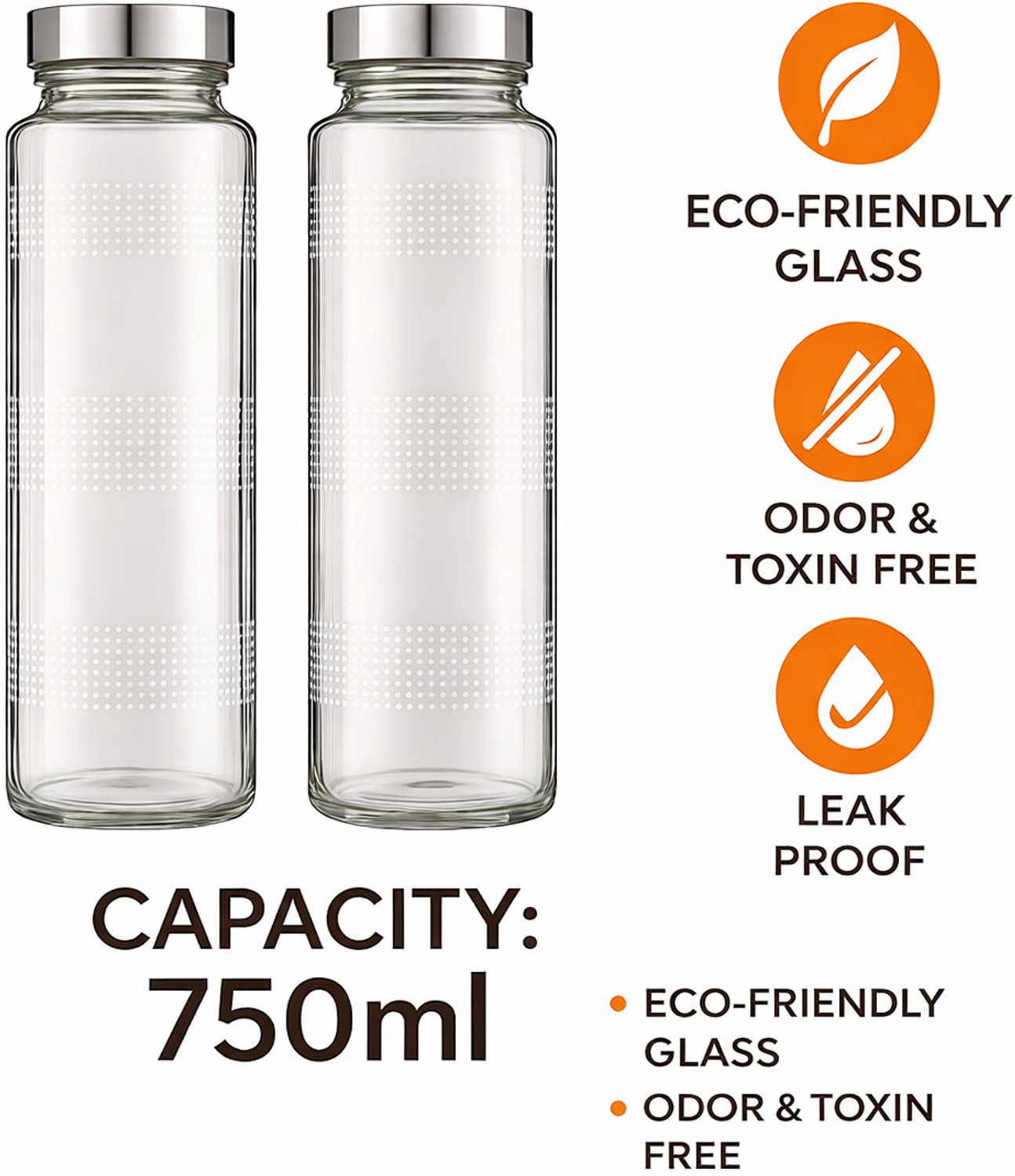 Image of shraj Transparent Water and Juice Glass Bottle with Leak-Proof, with Air Tight Lid 750 ml Glass Bottle