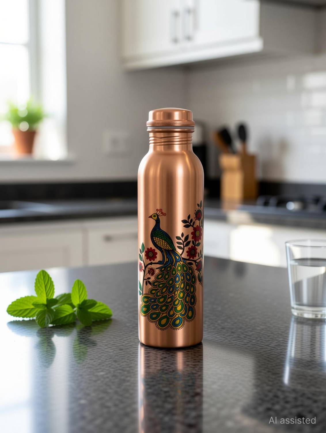 BRIJAZA Peacock Printed 100% pure copper water bottle For Healthy life Leakproof 950 ml Copper Bottle