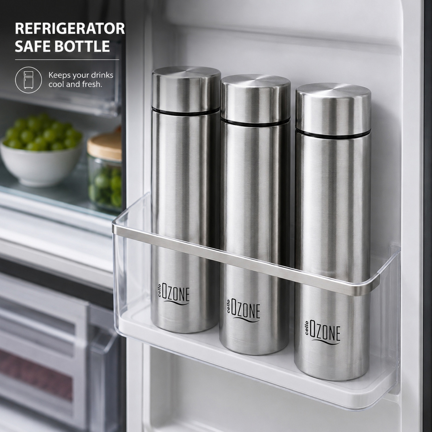 Image of cello H2O Ozone Set of 1 Single Wall Fridge Safe 1000 ml Stainless Steel Bottle