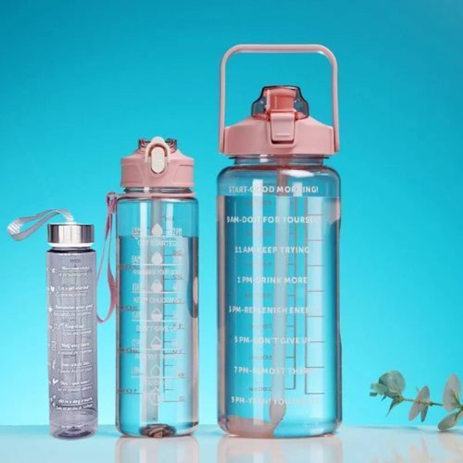 ASHGUJ Motivational Water Bottle Set of 3 2000 ml Silicone, Plastic Bottle With Drinking Glass