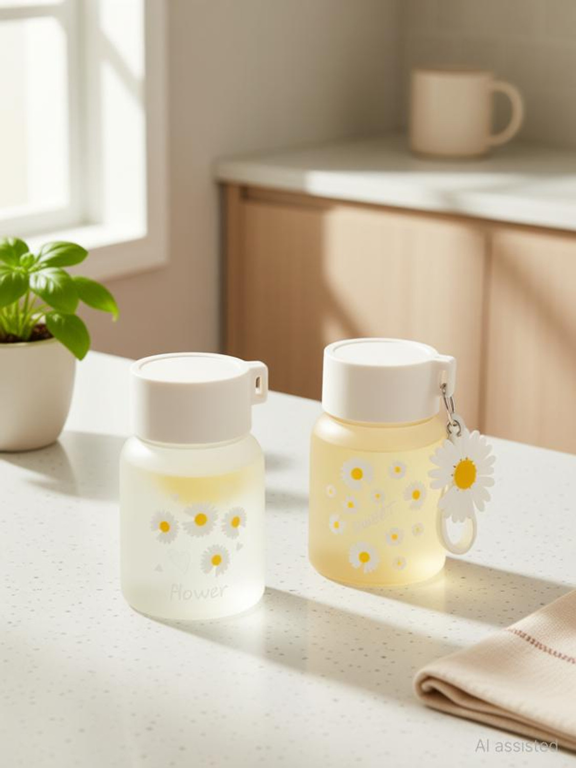 Image of GOSK Enterprise Cute Flower Small Water Bottle Travel Cup With Lid Glass Coffee Mug 300 ml Glass, Plastic Bottle