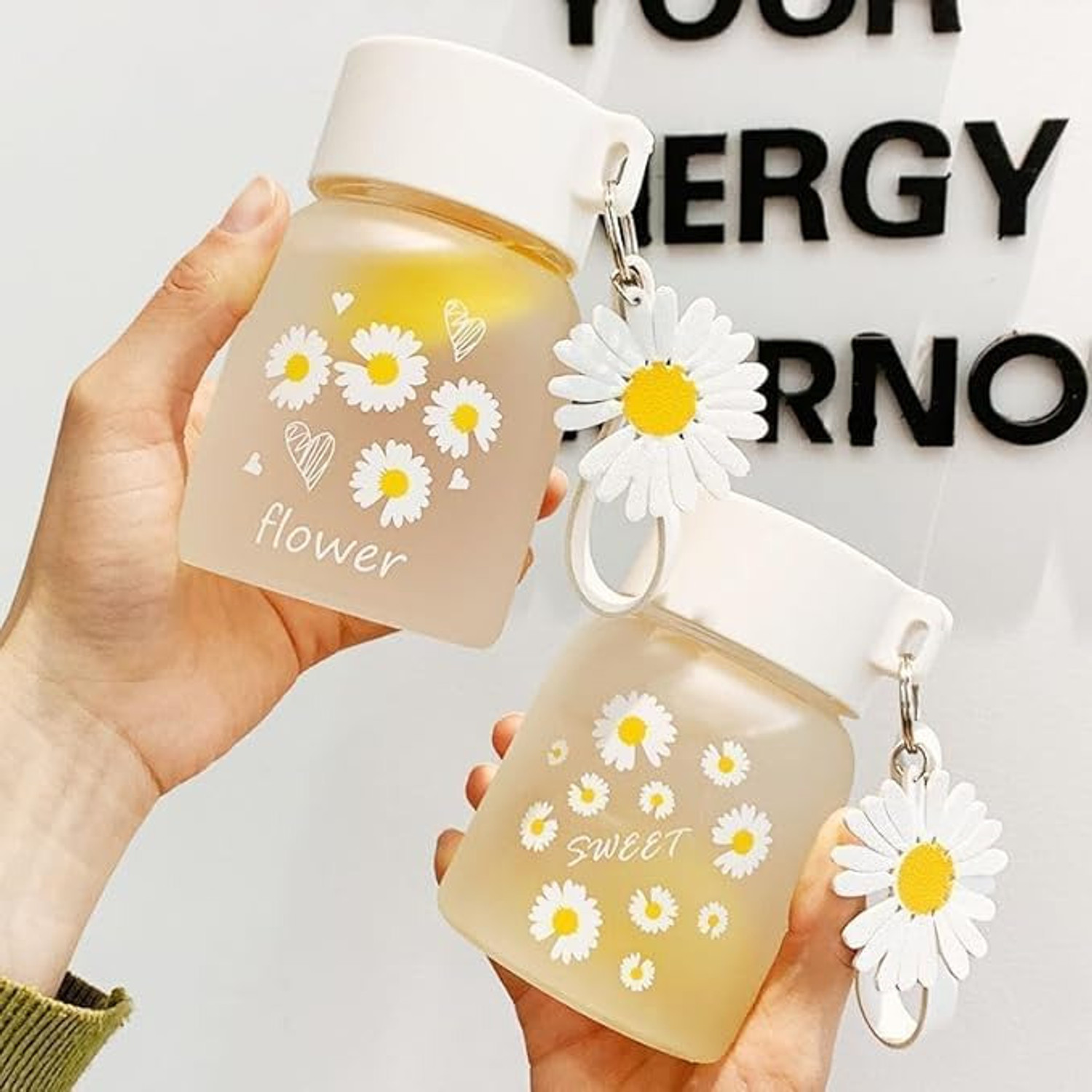 Image of GOSK Enterprise Cute Flower Small Water Bottle Travel Cup With Lid Glass Coffee Mug 300 ml Glass, Plastic Bottle