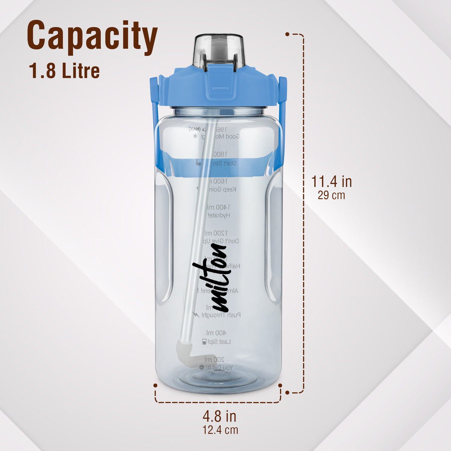 Image of MILTON Remy 2.0 Sipper Water Bottle (Never Give Up, English Quotes), 1800 ml, Blue 1800 ml Plastic Bottle
