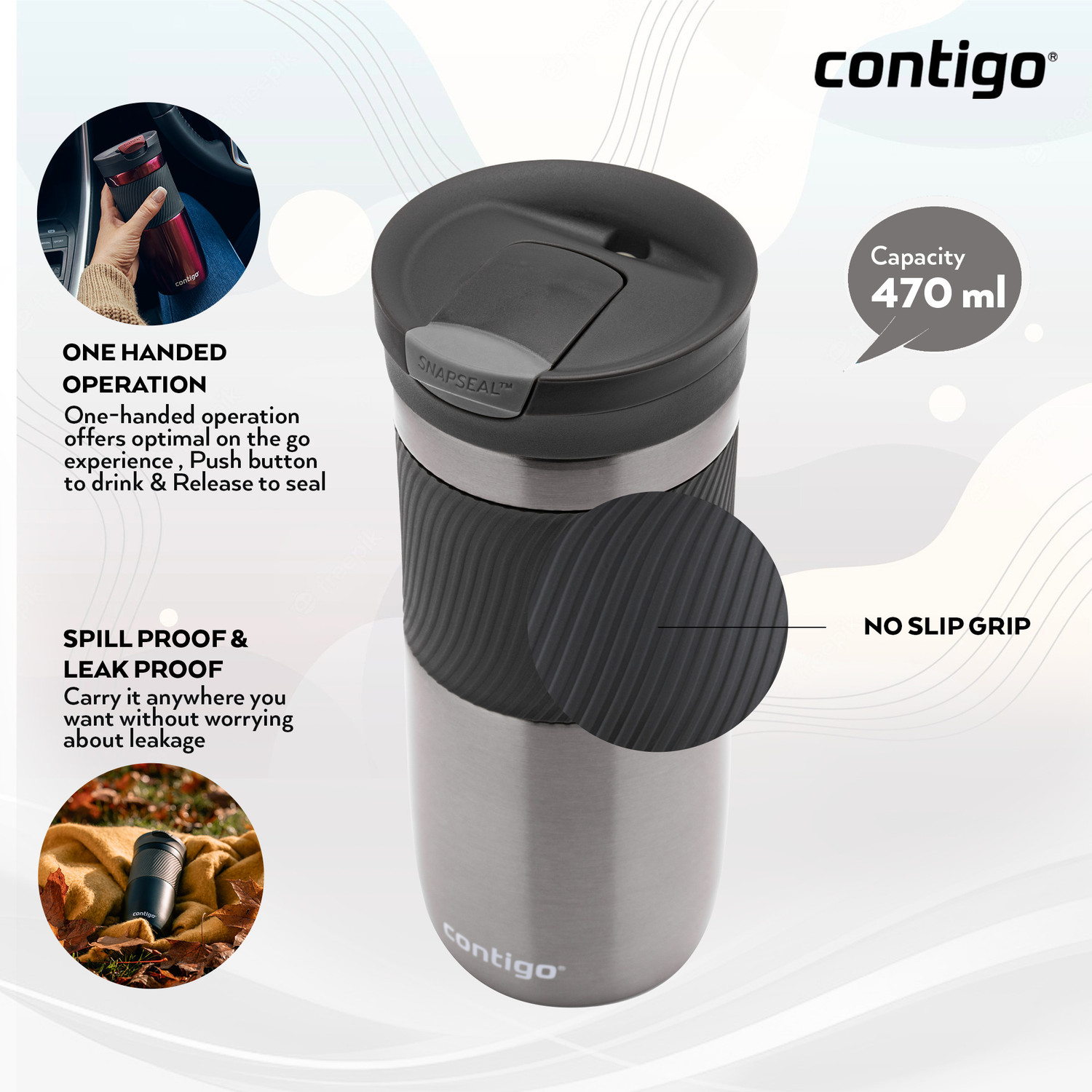 Image of Contigo Byron Travel Mug Thermosteel Bottle for Office Use, Travelling and Gifting 470 ml Steel Flask