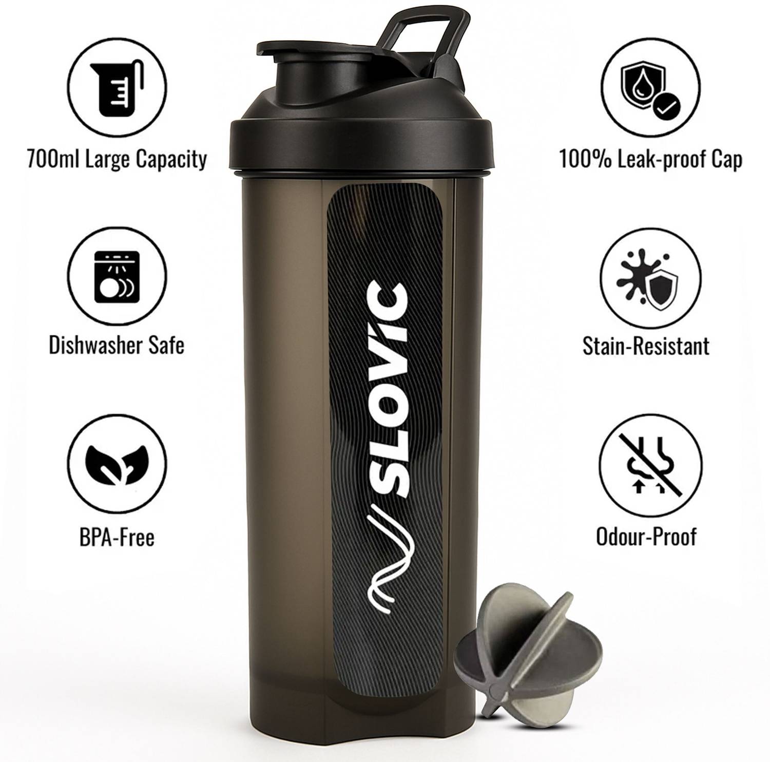 SLOVIC Leak-Proof Gym Shaker | Protein Shaker with Typhoon Blender | BPA-Free 700 ml Shaker(Pack of 1, Black, Plastic)
