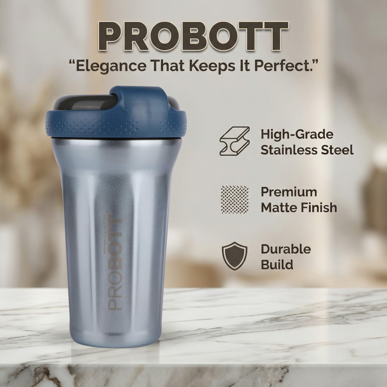 Image of PROBOTT Thermosteel Elegant Shaker for Protein Shake Gym -Blue 500 ml Steel Shaker