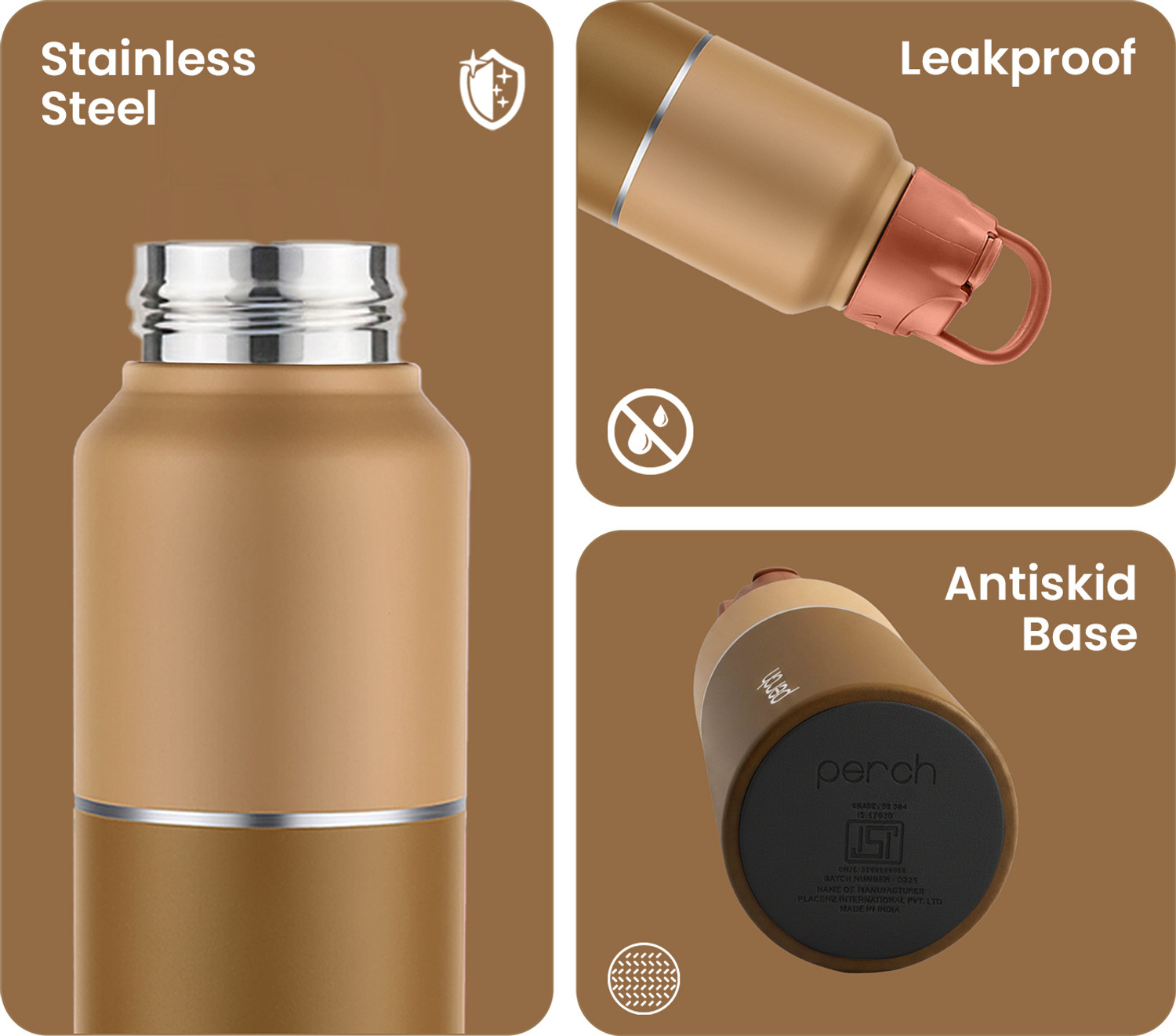 Image of PERCH Magic Sports & Fridge Stainless Steel Bottle With Steel & Sipper Cap 1000 ml Steel Bottle