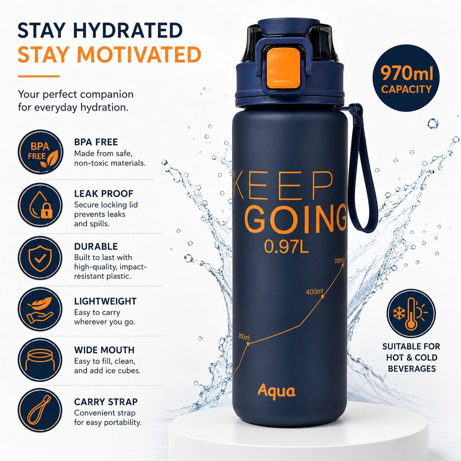 Image of Agastyas Aqua Motivational Water Bottle 970 ml Plastic Sipper