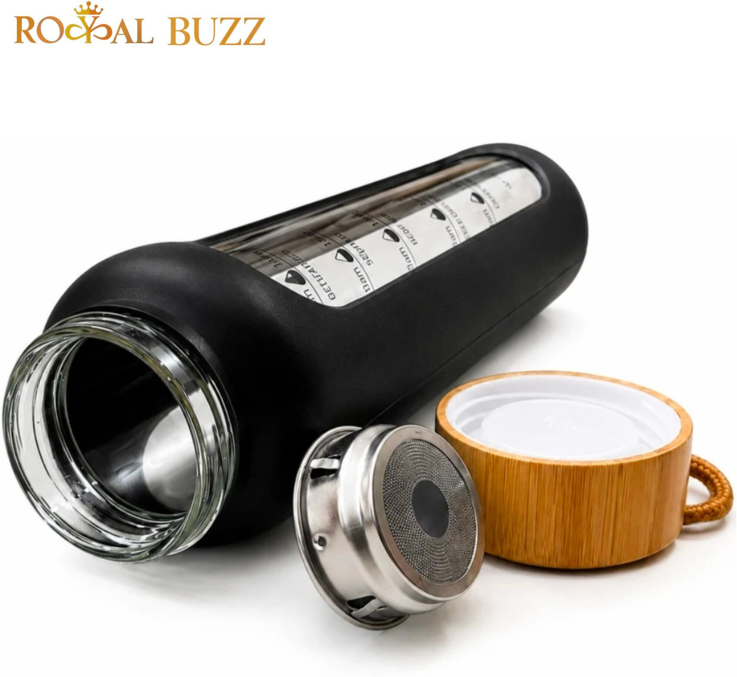 Image of Royal Buzz Borosilicate Glass Water Bottle with Bamboo Lid & Silicone sleeve 1000 ml Borosilicate Glass Bottle
