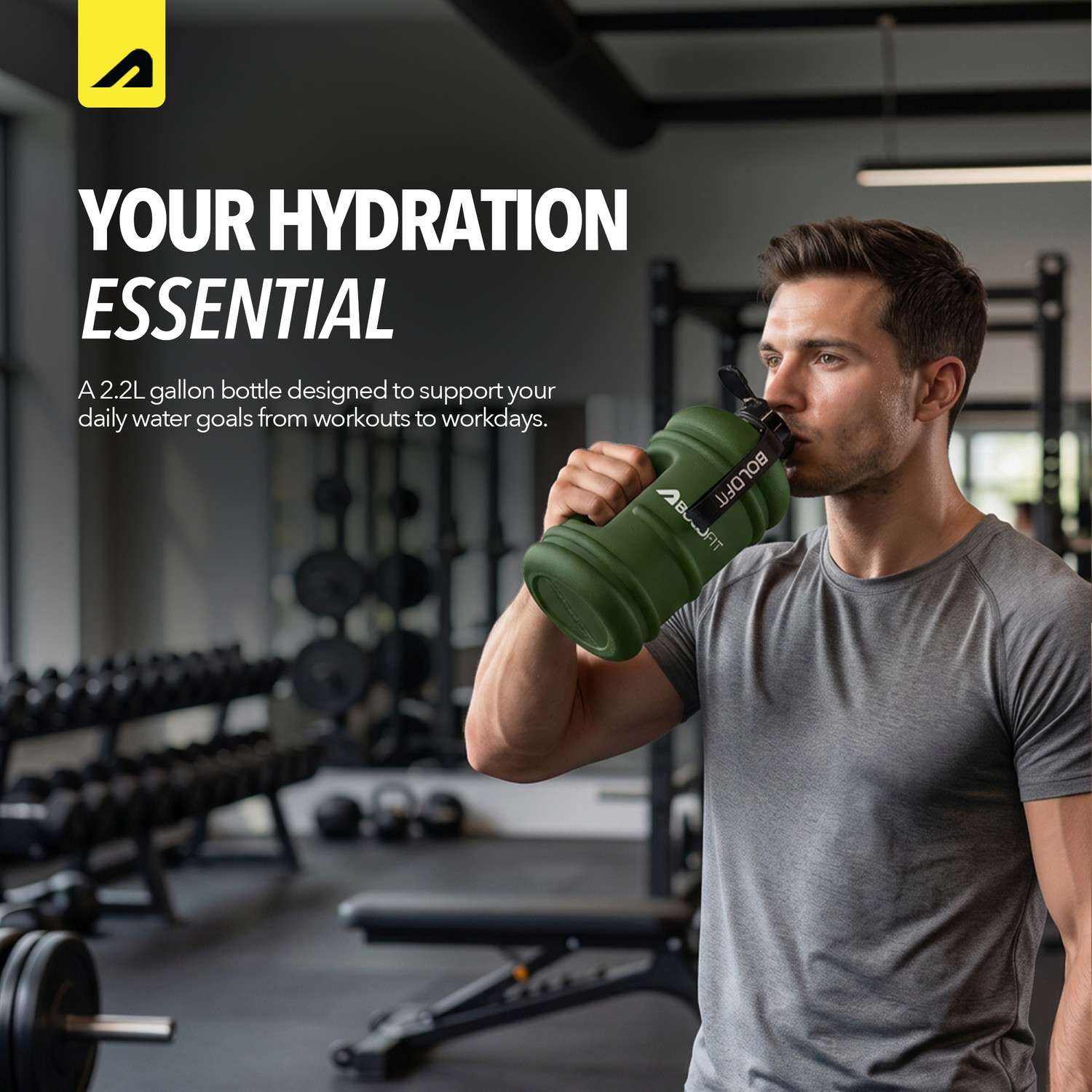 Image of BOLDFIT Gym Gallon Bottle 2.2 Ltr Protein Shaker Bottle /Water jug Bottle (Army Green) 2200 ml Plastic Bottle (Pack of 1, Green)