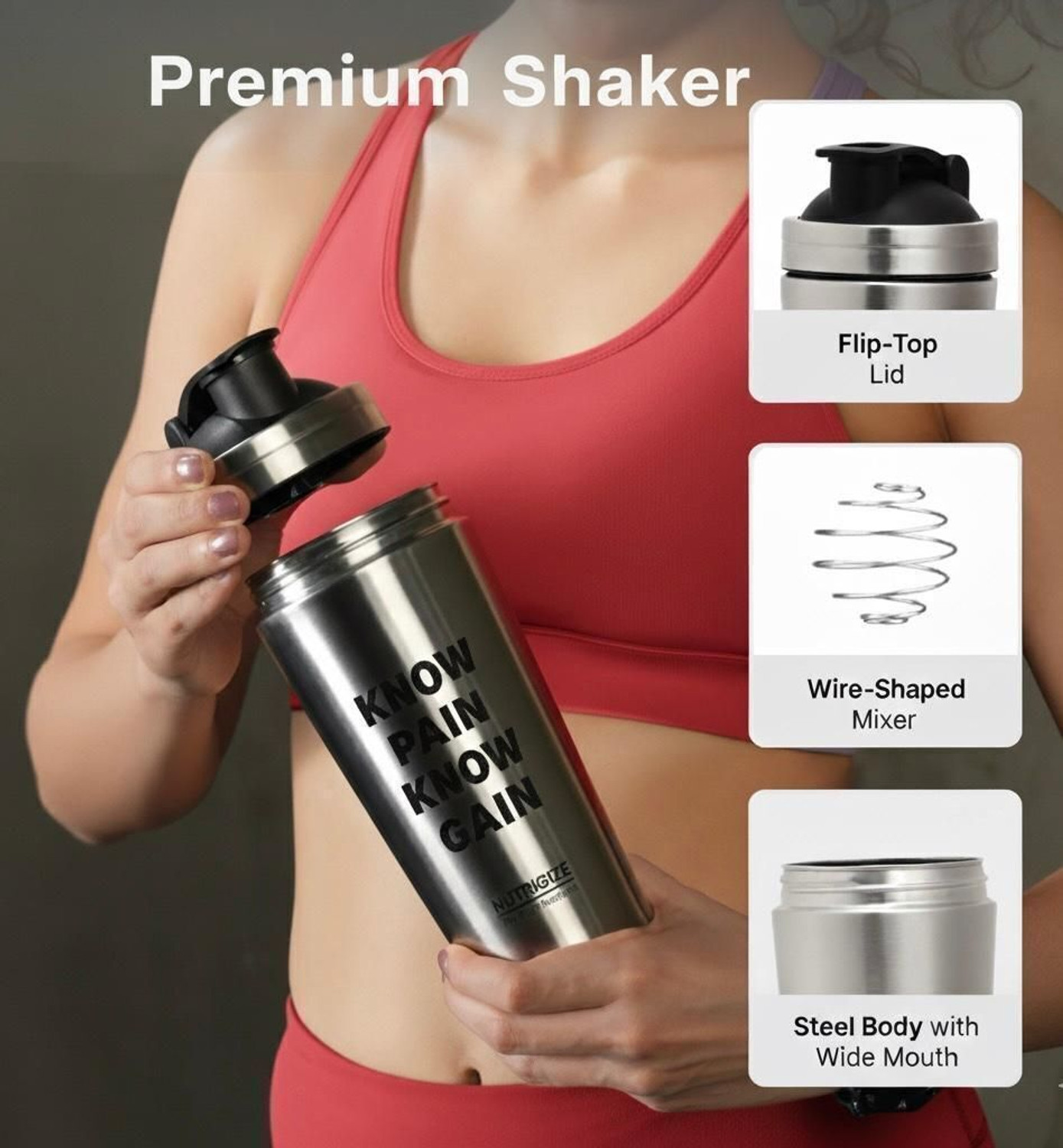 Image of Nutrigize Stainless Steel Shaker Bottle for Gym | Leak Proof | Shaker Bottle Steel 590 ml Steel Shaker