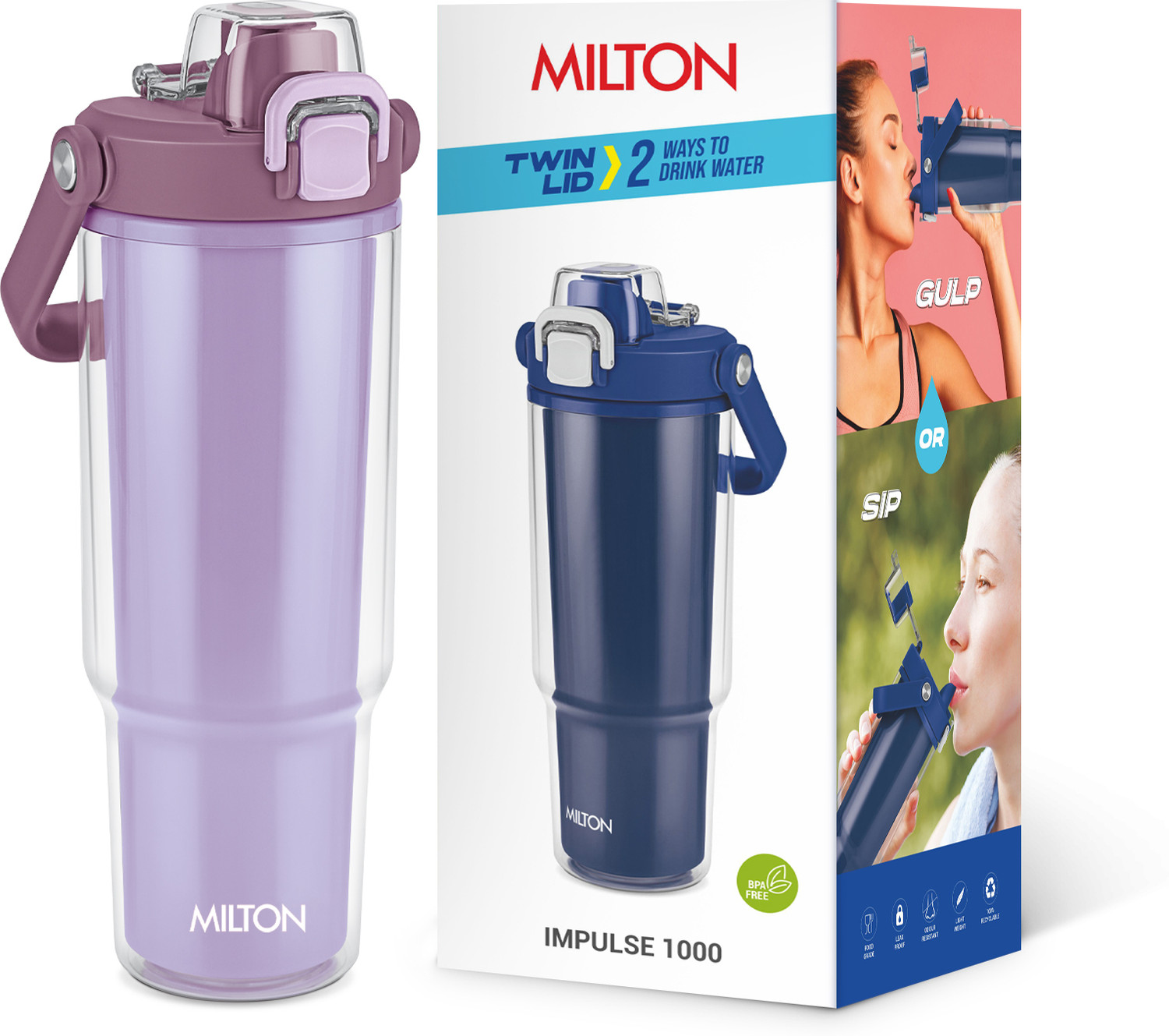 Image of MILTON Impulse 1000 2-in-1 Sip or Gulp Lid Plastic Tumbler 1 L Water Bottle, Purple 1000 ml Plastic Bottle