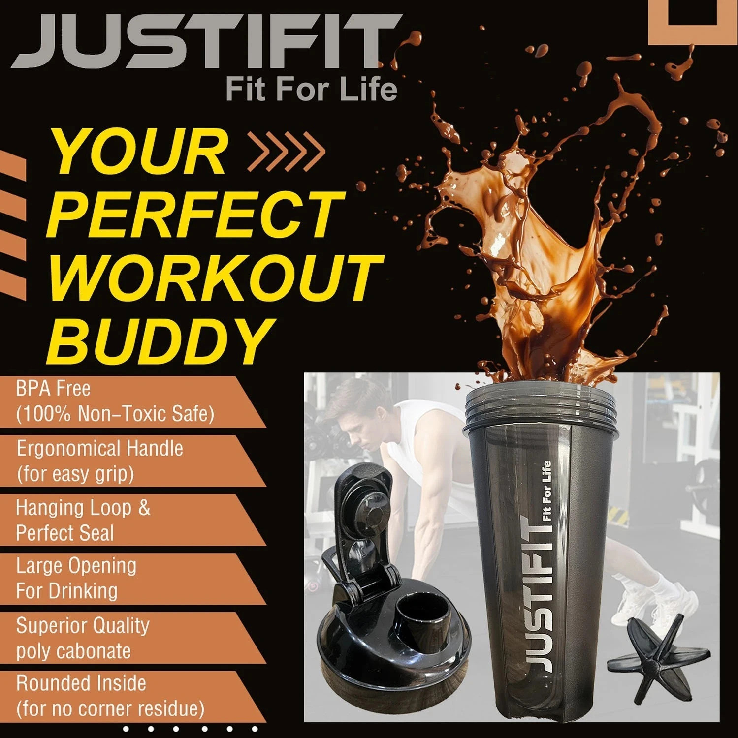 Image of JUSTIFIT Shaker Bottle with Whisk Ball | Gym 700 ml Shaker 700 ml Plastic Shaker