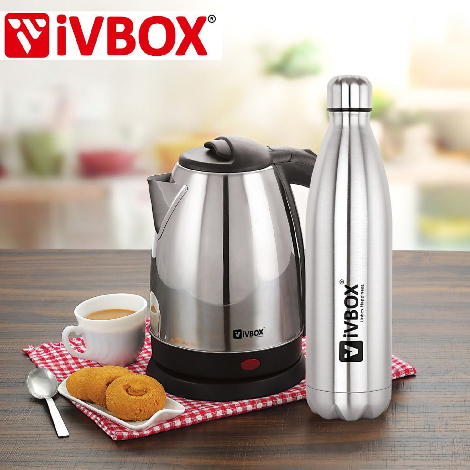 Image of iVBOX Winto Combo-Pack Electric Kettle 1.8 Ltr and Hot & Cold Double-Wall Water Bottle 1000 ml Steel Flask