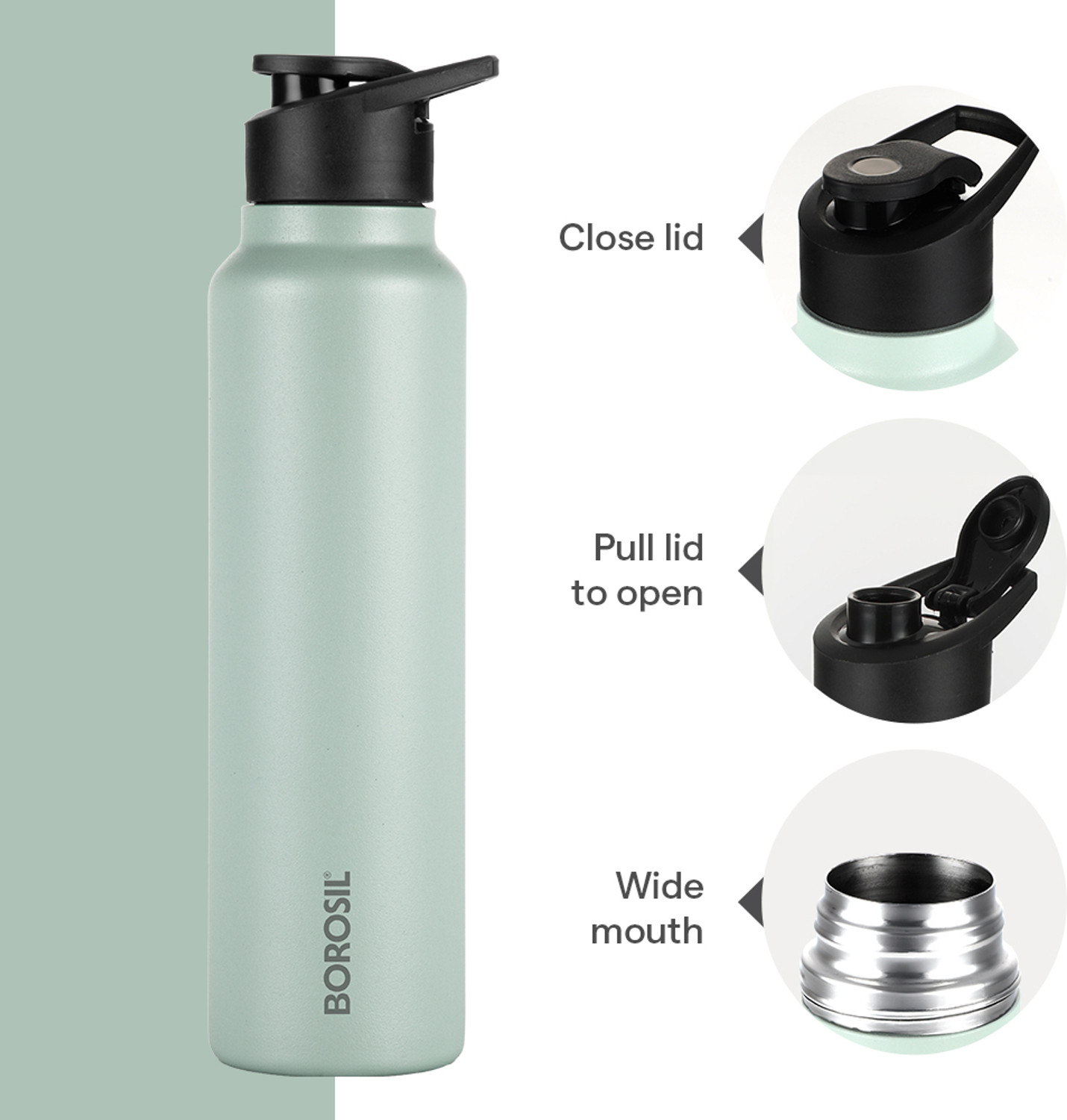 Image of BOROSIL 840ml Sipfresh Mint Single Wall Water Bottle for Office, School, College & Gym 840 ml Steel Bottle