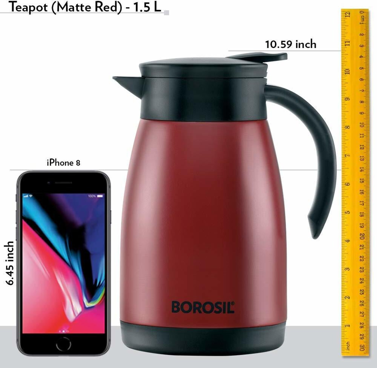 Image of BOROSIL 1.5 L Vacuum Insulated Teapot, 18 Hrs Hot & 24 Hrs Cold Carafe, BPA Free, Red 1500 ml Steel Flask