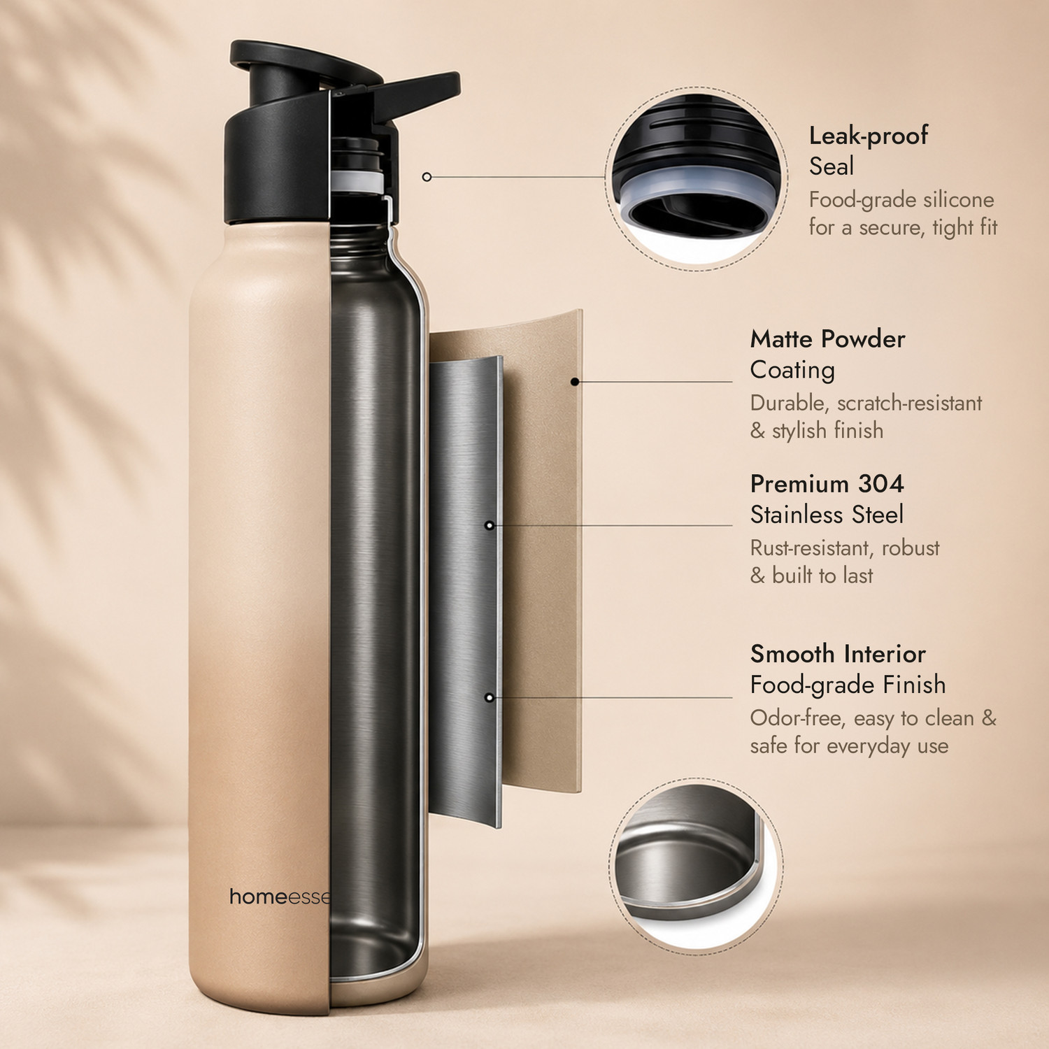 Image of HomeEssentials 1000ml Single Wall Stainless Steel Water Bottle | Single Wall | Leakproof 1000 ml Stainless Steel Bottle