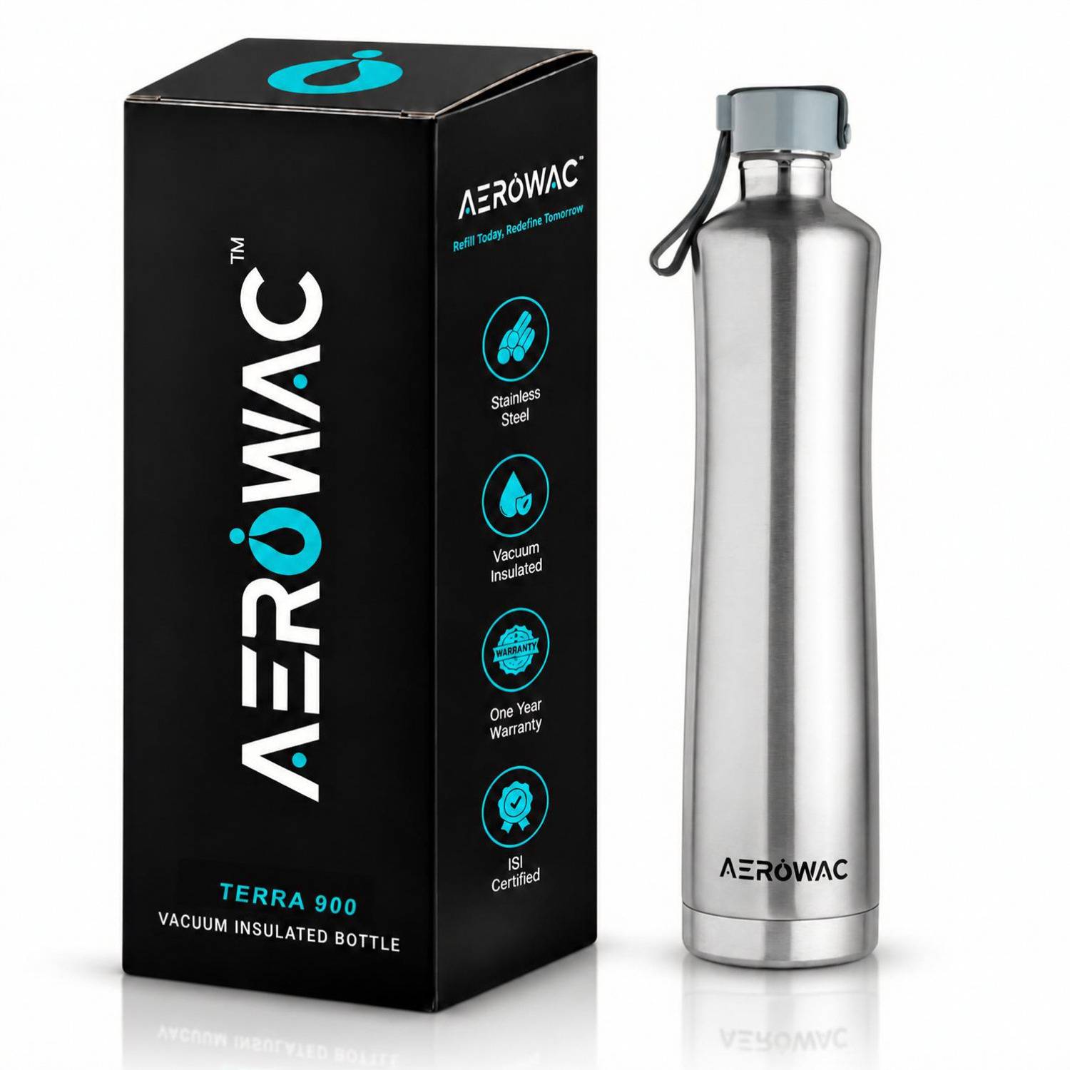 AEROWAC Terra Double Wall Vacuum Insulated Hot & Cold Water Bottle/BPA-Free & Leakproof 900 ml Steel Bottle
