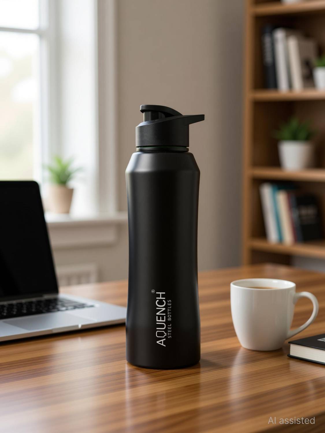 AQUENCH Water Bottle with Sipper Cap in black color, 1L (RUSH PRO) 1000 ml Steel Bottle