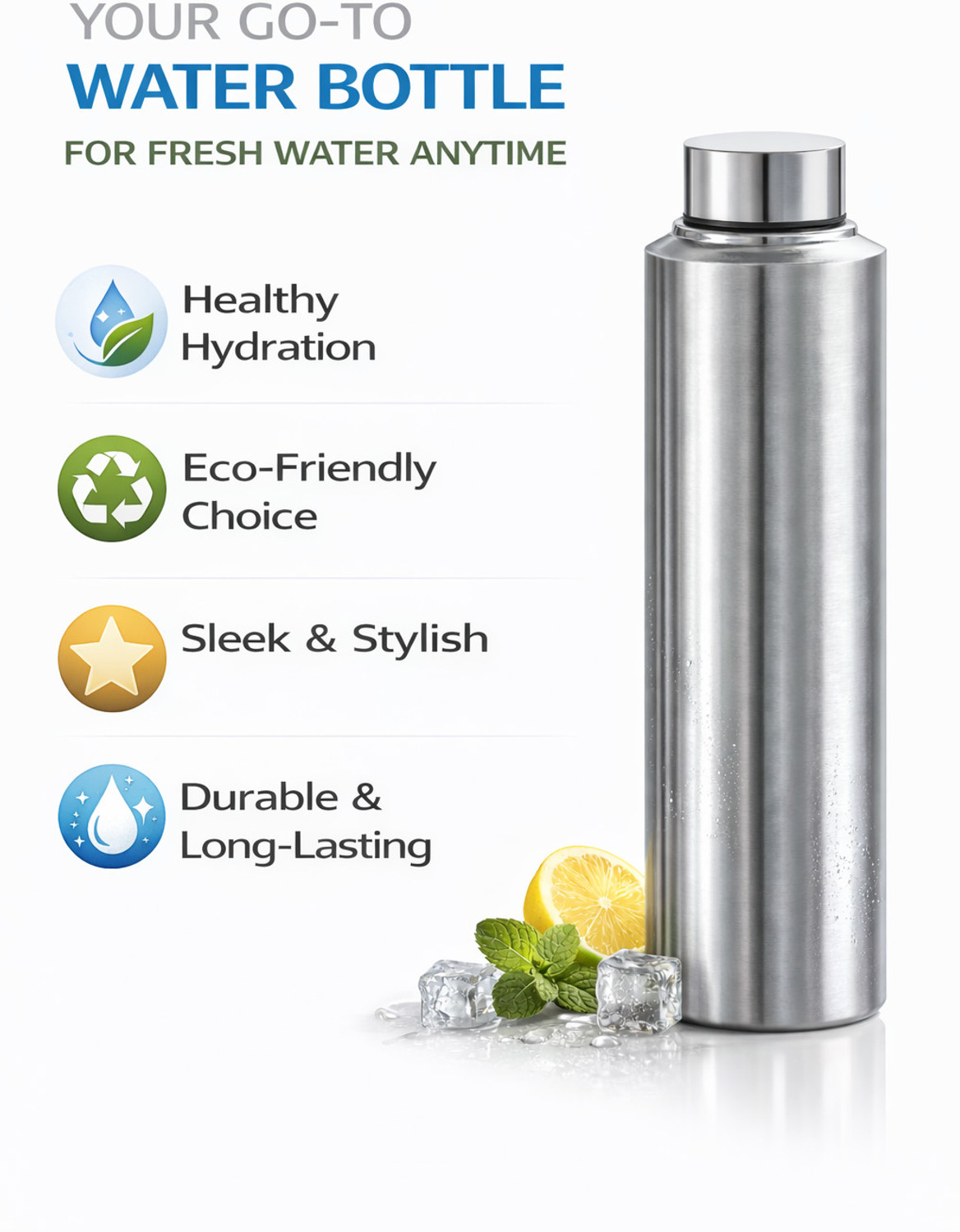 Image of WISH NEU WN-SLVR-BTLE 1000 ml Stainless Steel, Steel Bottle