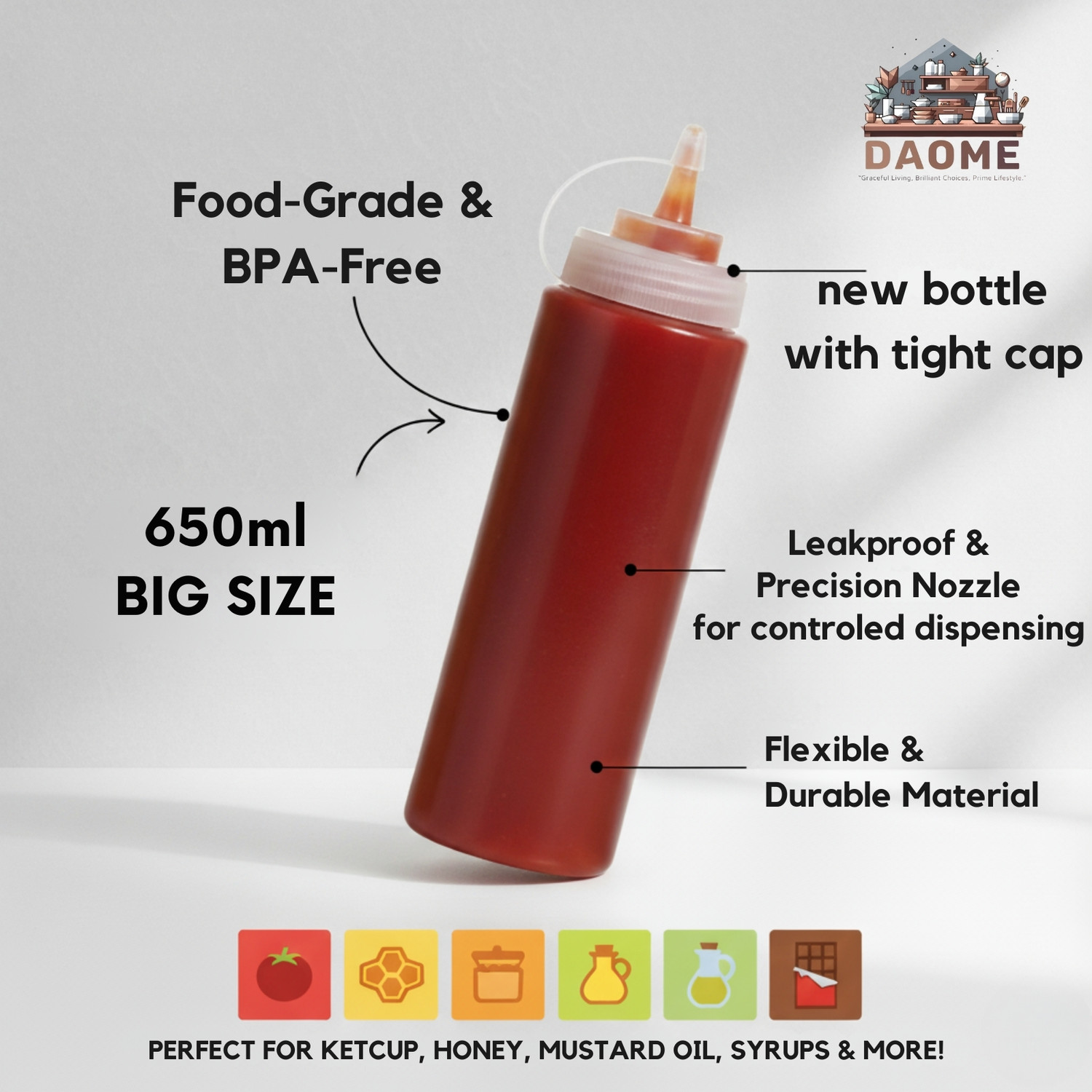 Image of DAOME Plastic Sauce Squirt Bottle Condiment Squeeze Bottles Ketchup Dispenser 650 ml Plastic Bottle (Pack of 3, Multicolor)