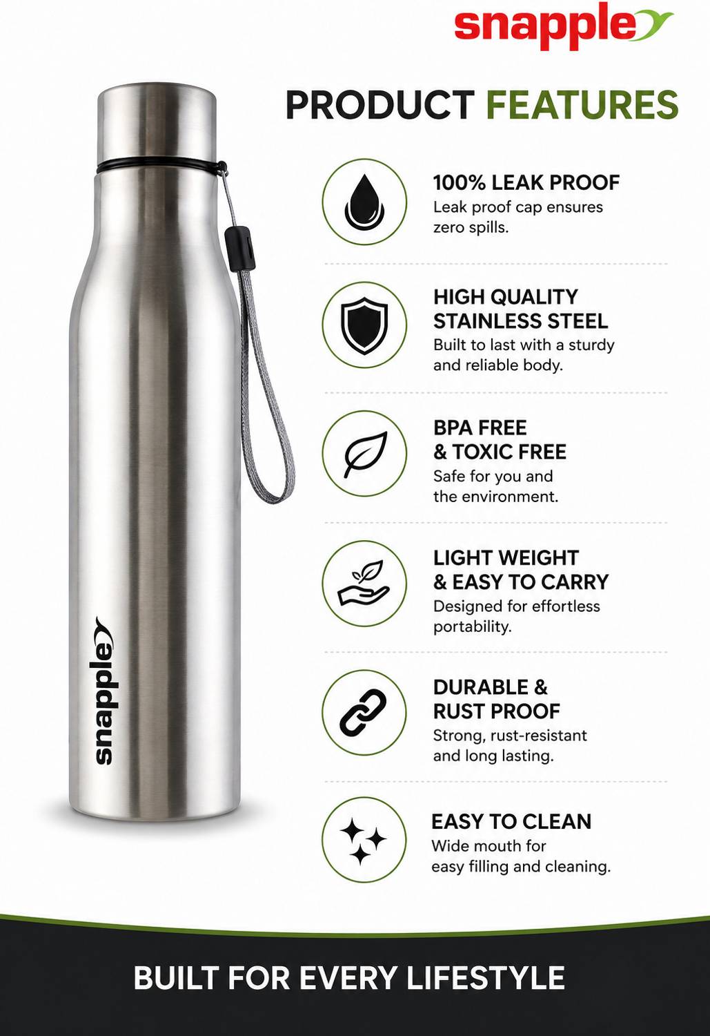 Snapple Active+ 1000 ml Stainless Steel Bottle Pack of 1 - Image 5